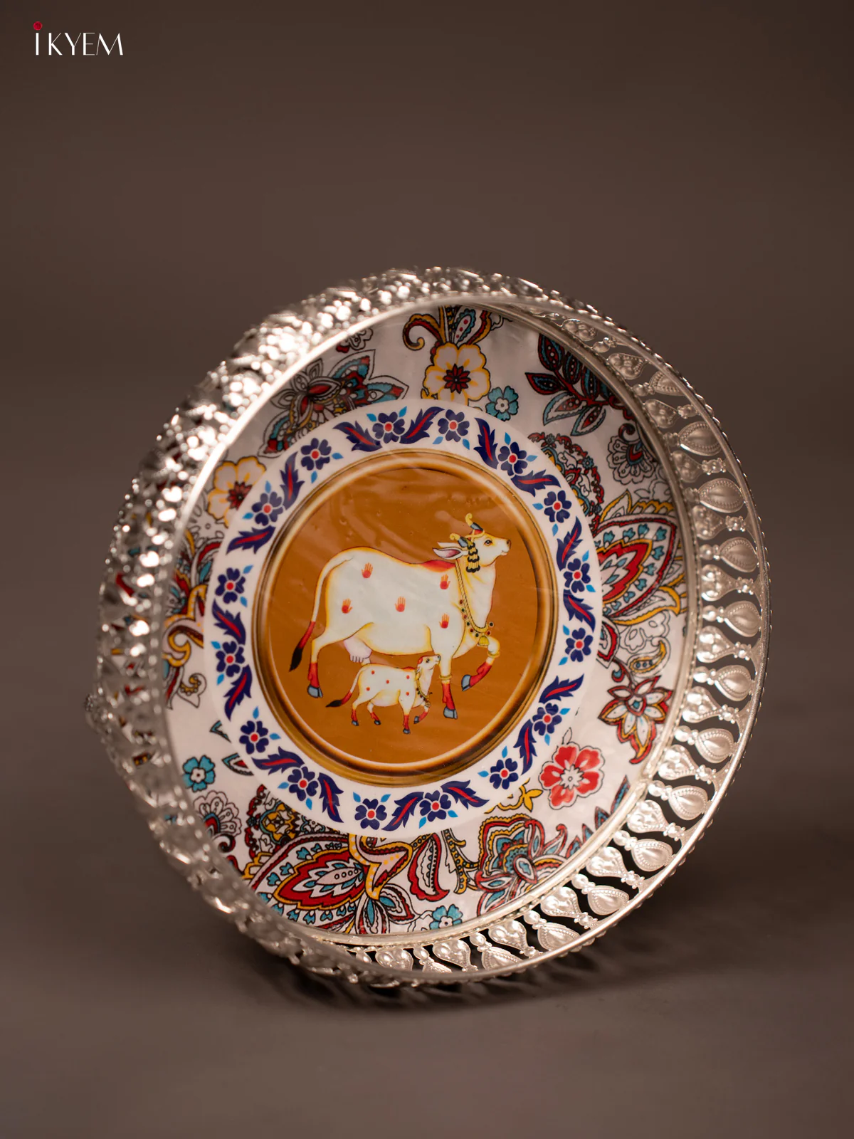 Cow & Calf Printed Multi Colour German Silver Tray - KF21154 - Image 3
