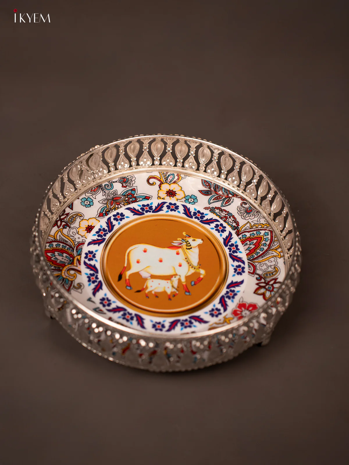 Cow & Calf Printed Multi Colour German Silver Tray - KF21154 - Image 4
