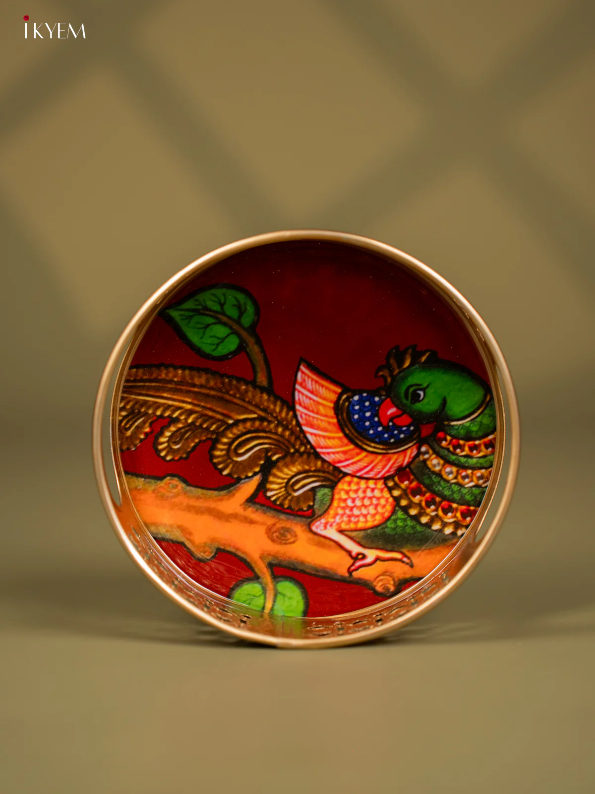 Pretty Parrot Sitting On a tree Branch Printed Round Metal Tray - KF24117