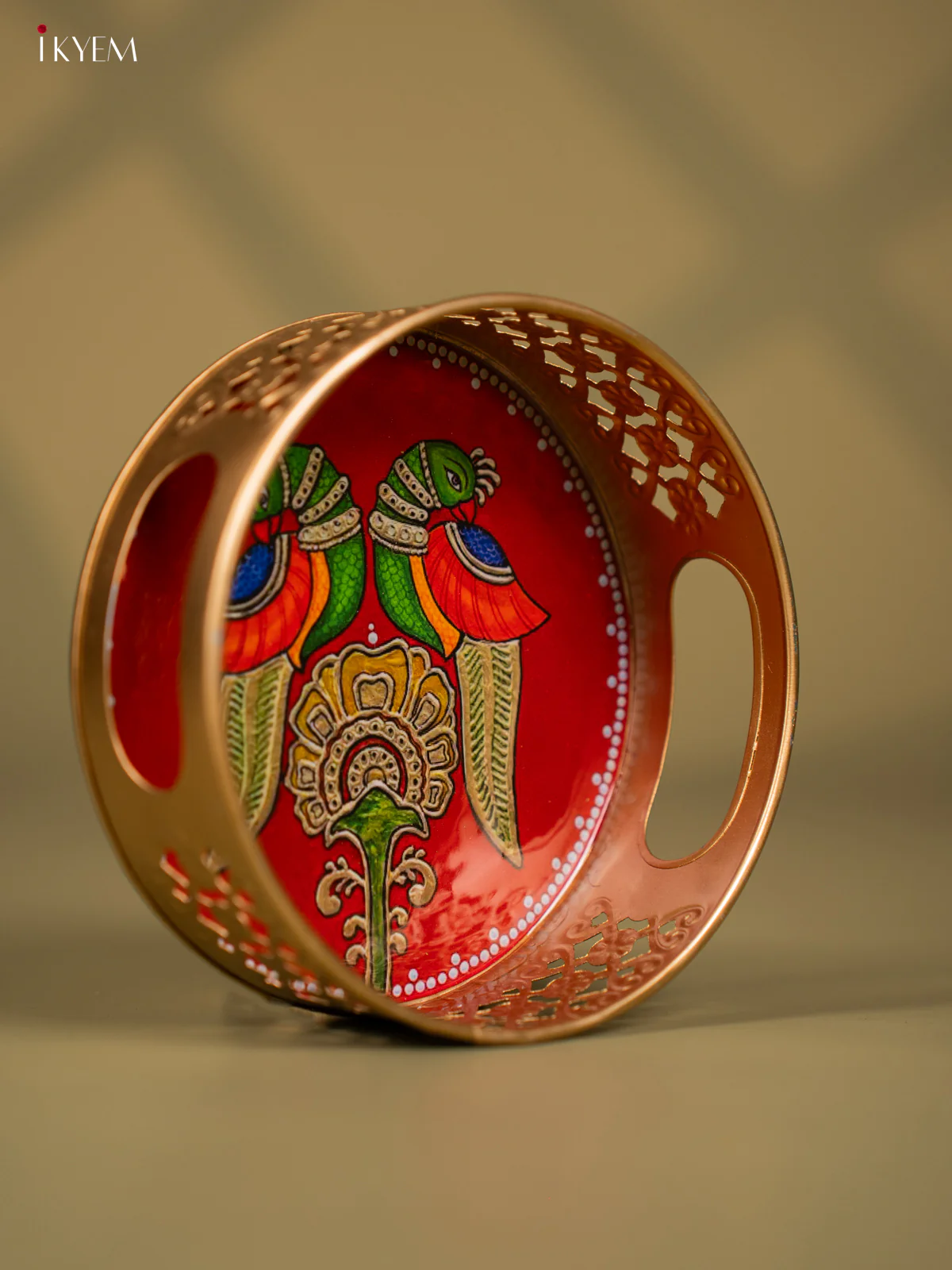 Twin Parrots & Flower Printed Round Metal Tray - KF24118 - Image 2