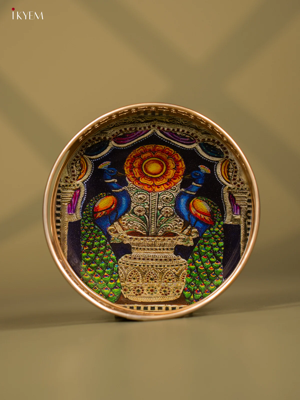Elegant Peacock Printed Round Metal Tray - KF24122