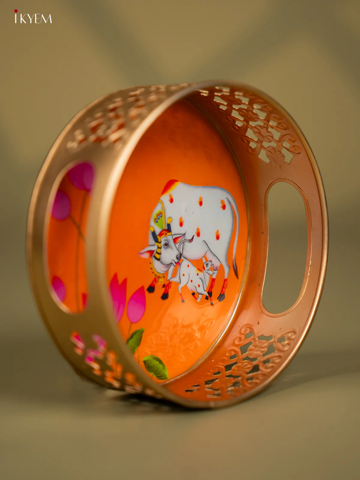 Orange Color Pichwai Cow & Calf Printed Round Metal Tray - KF24129 - Image 2
