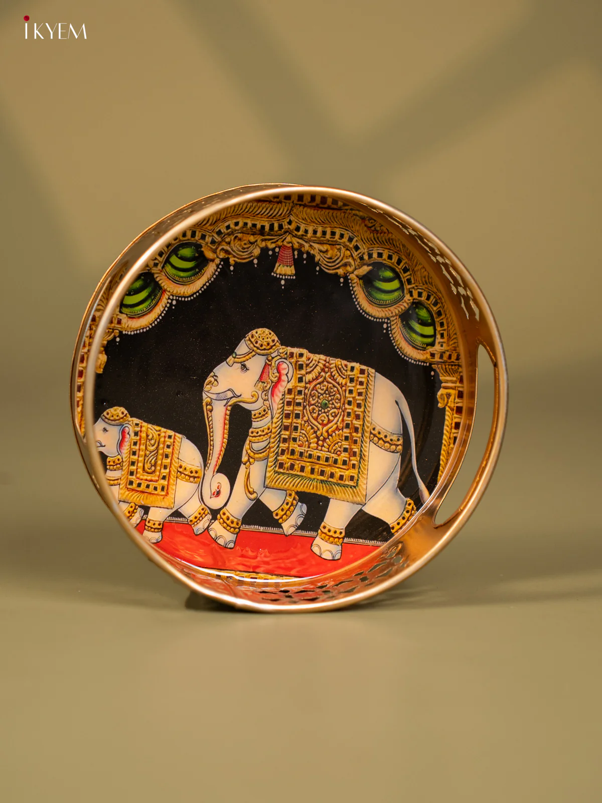 Elephant & Calf Printed Round Metal Tray - KF24133