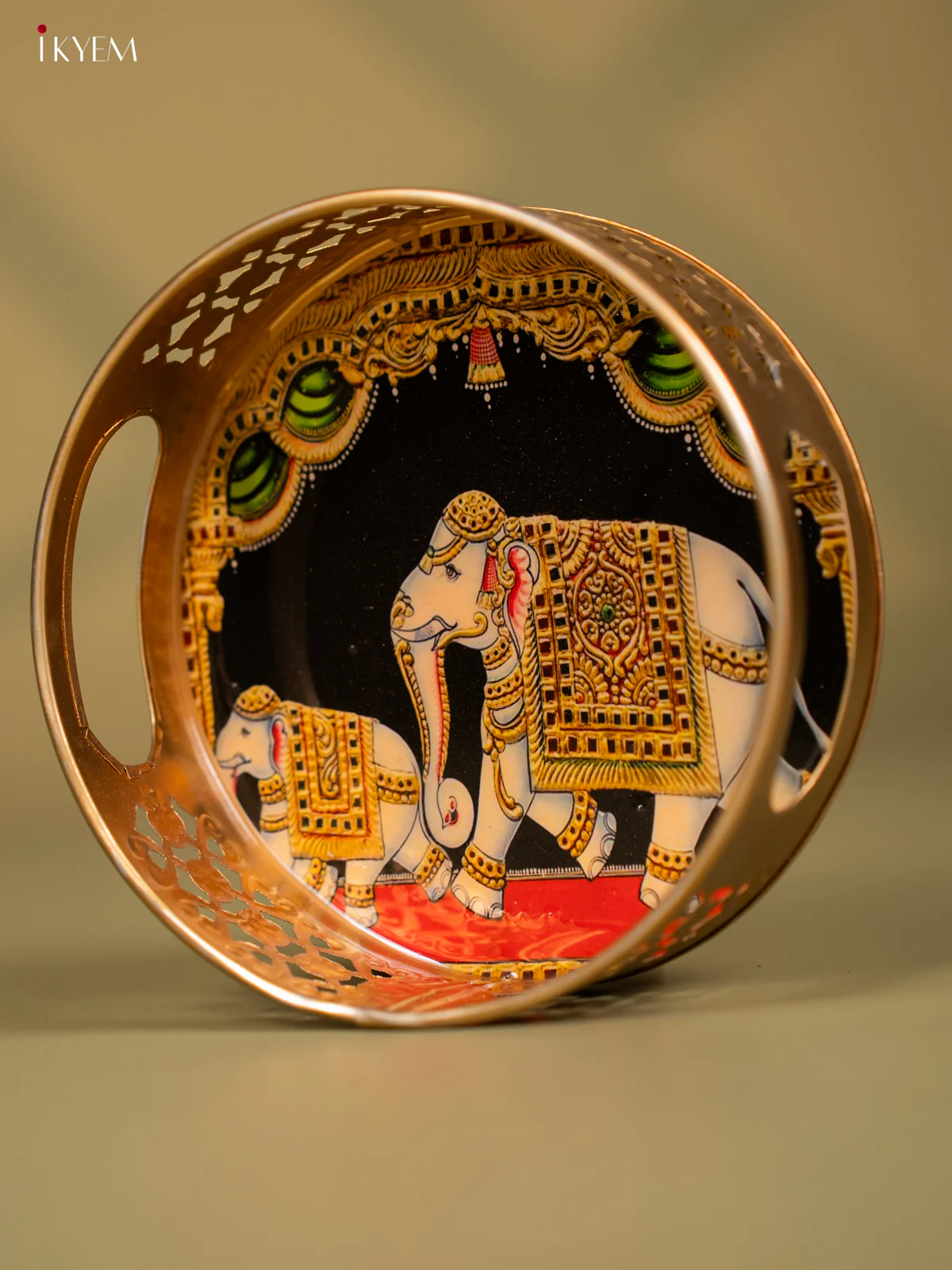 Elephant & Calf Printed Round Metal Tray - KF24133 - Image 2
