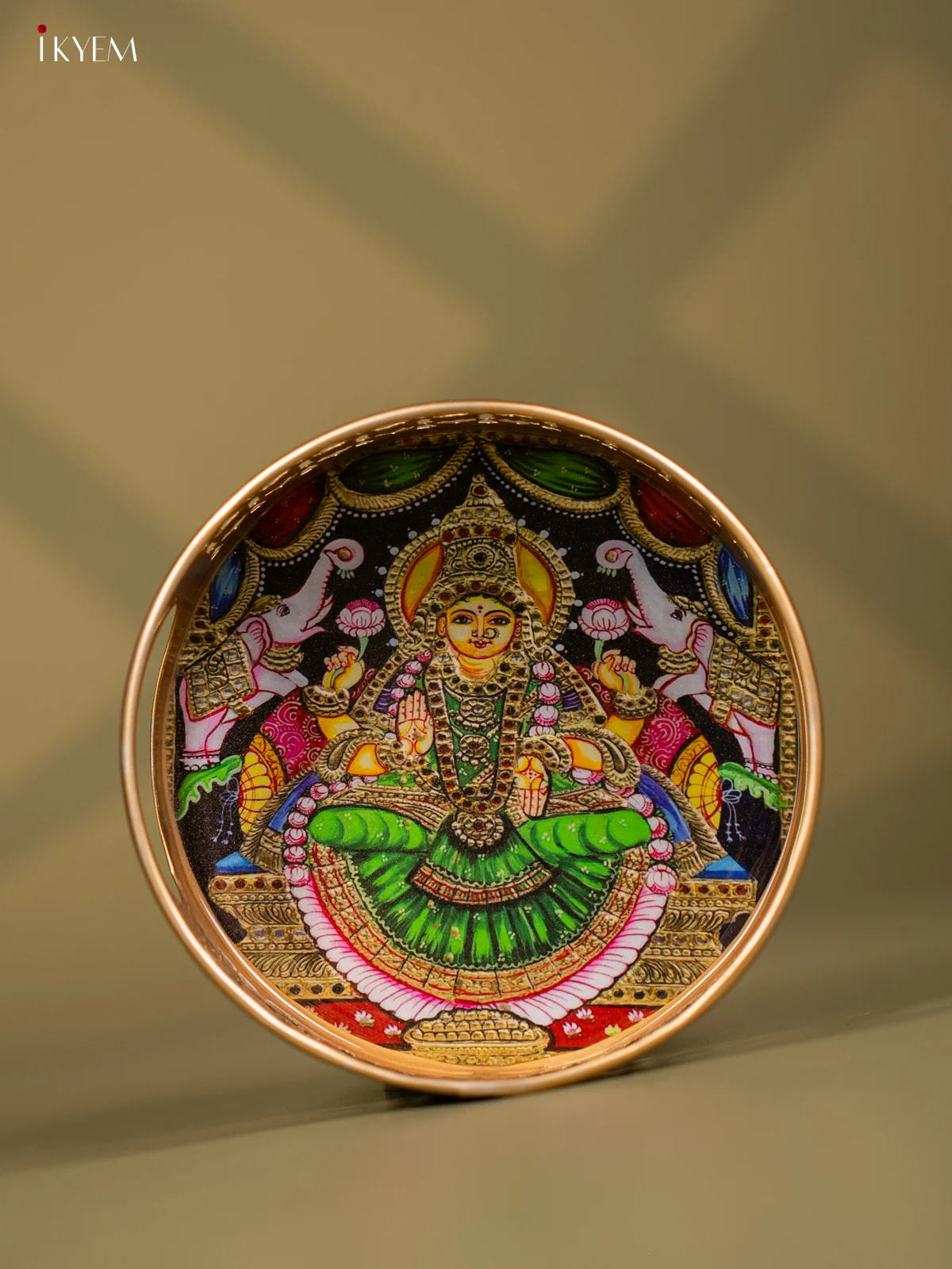 Goddess Gajalakshmi Printed Green Metal tray - KF24144