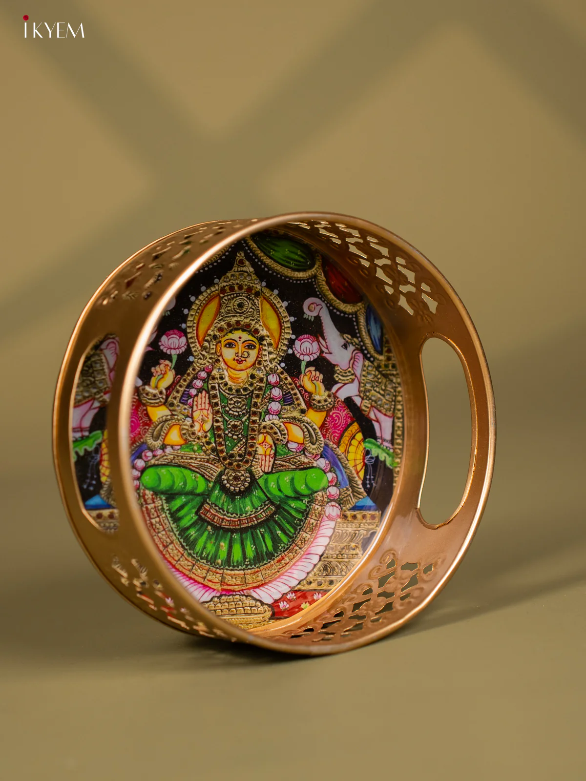 Goddess Gajalakshmi Printed Green Metal tray - KF24144 - Image 2