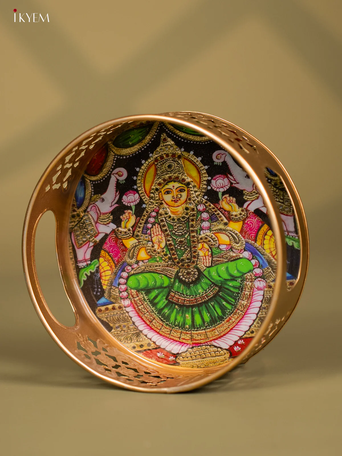 Goddess Gajalakshmi Printed Green Metal tray - KF24144 - Image 3