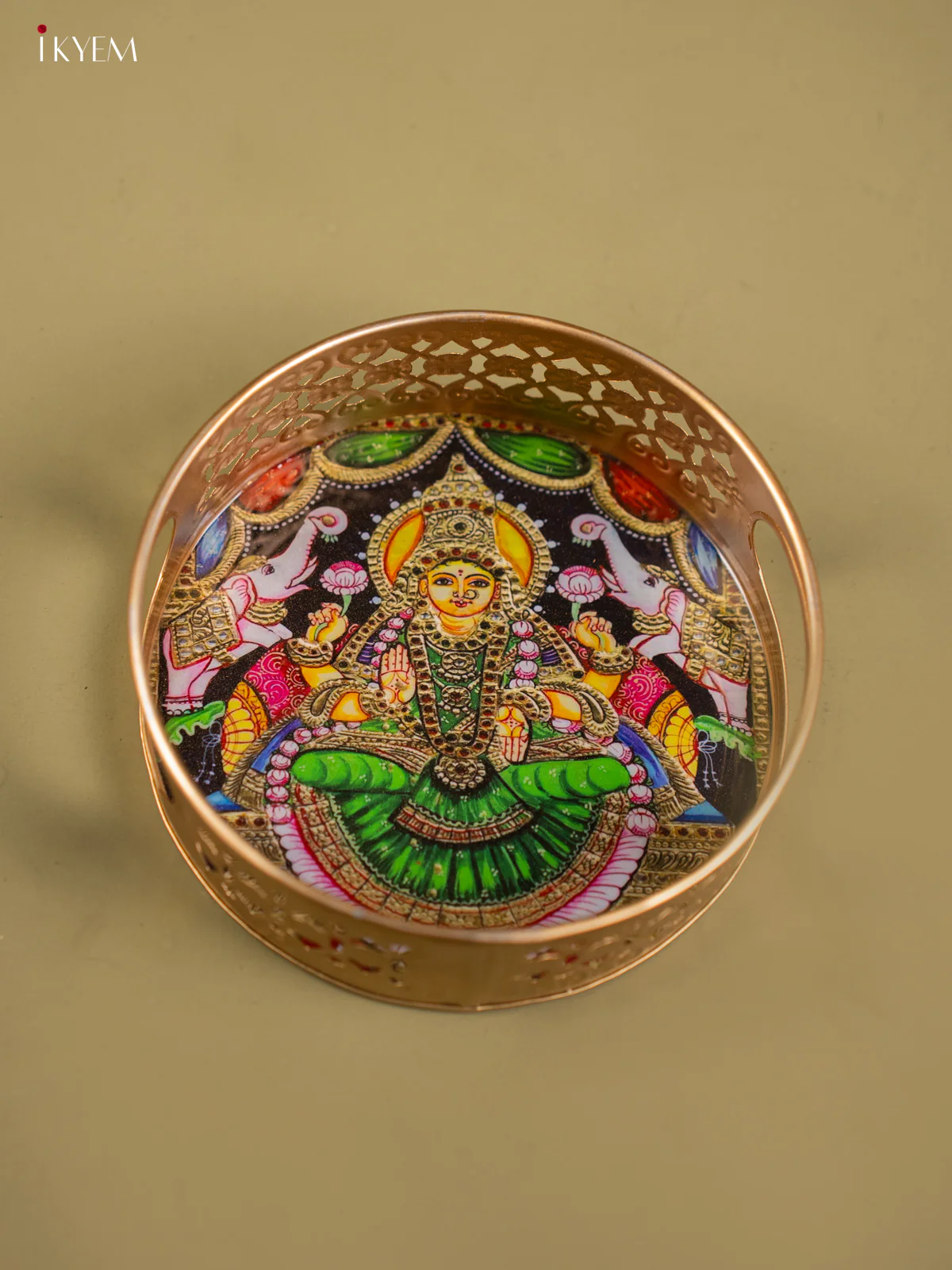 Goddess Gajalakshmi Printed Green Metal tray - KF24144 - Image 4