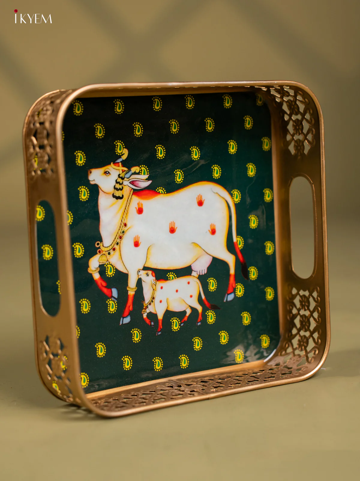 Cow & Calf Printed Dark Green Square Metal tray - KF24173 - Image 2