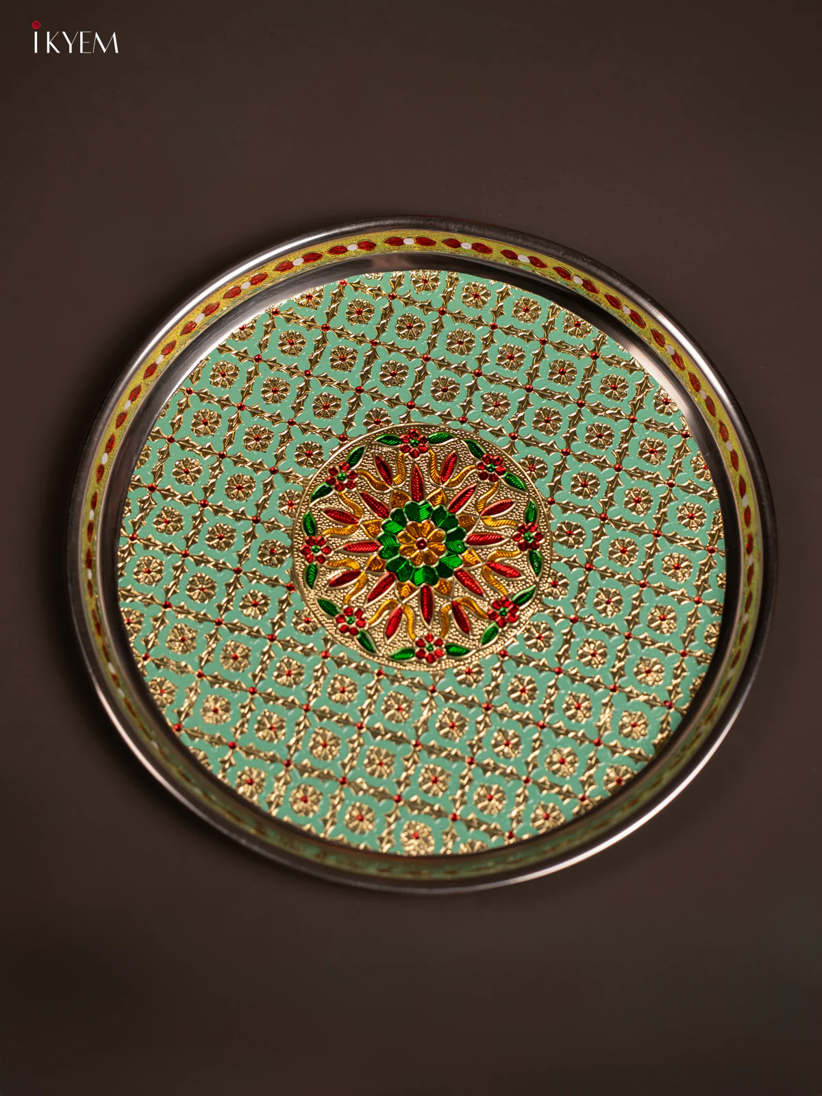 Meenakari Round Plate - Green - (12.5x12.5) Inch - KF24232 - Image 4