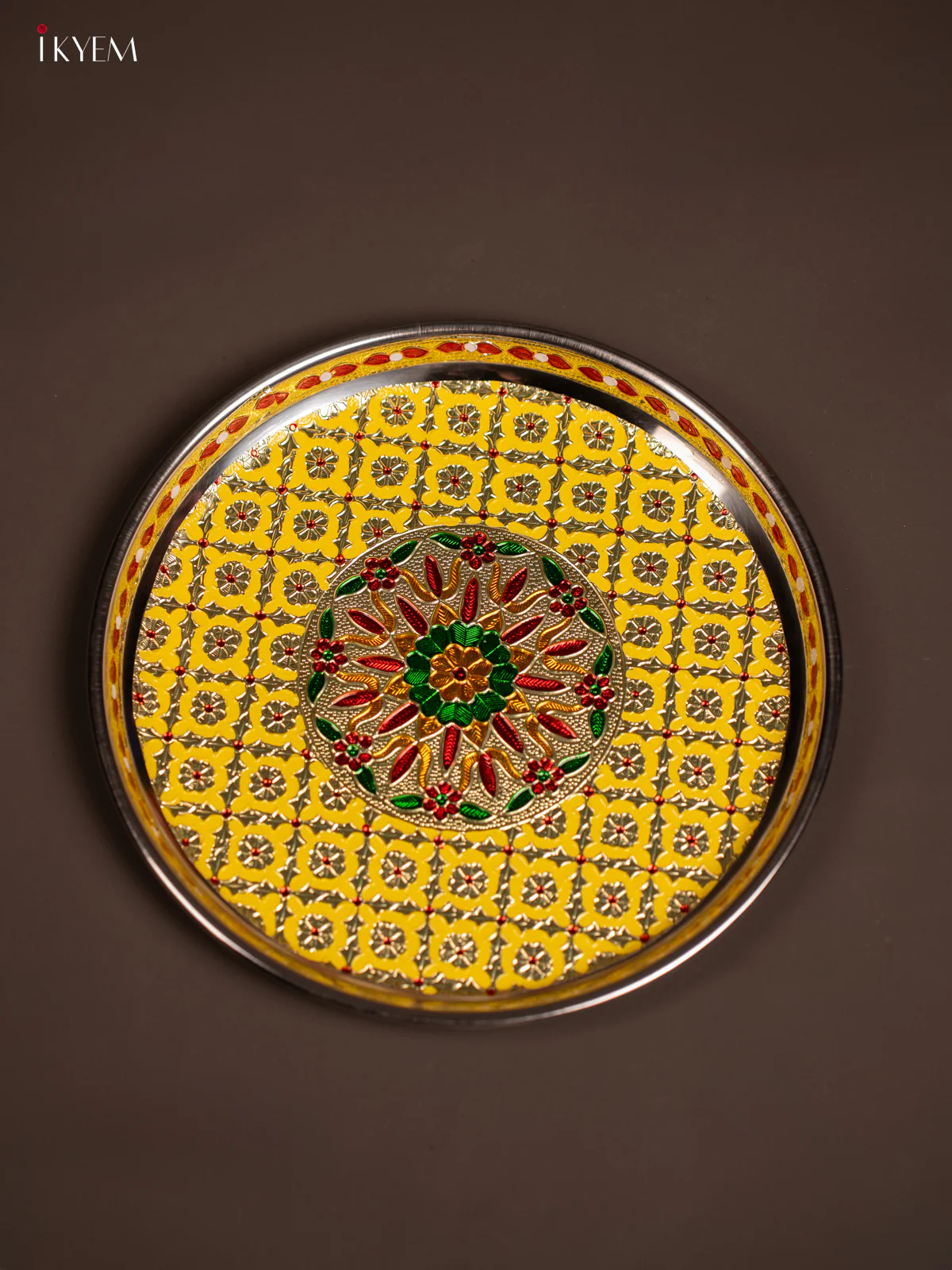 Meenakari Round Plate - Yellow -(10x10) Inch -KF24235 - Image 4