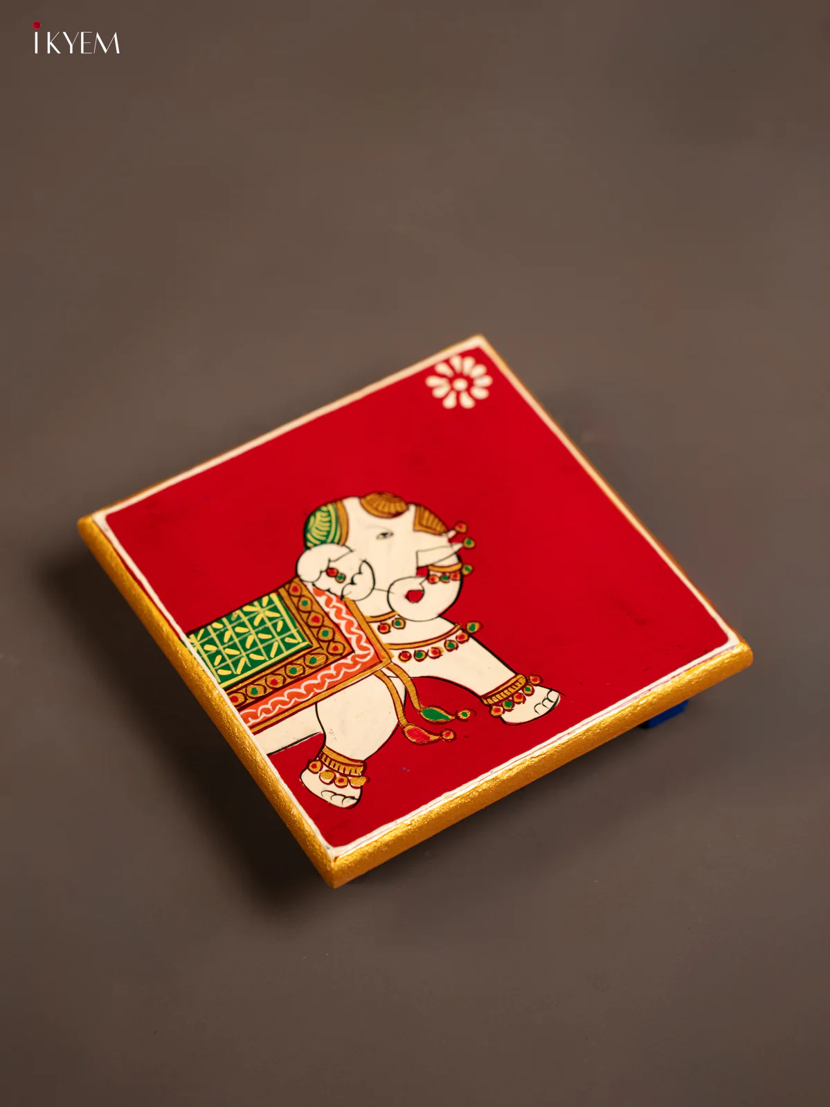 Traditional Maroon Wooden Manai with Hand-Painted Elephant - (6x6) - KF30146 - Image 4