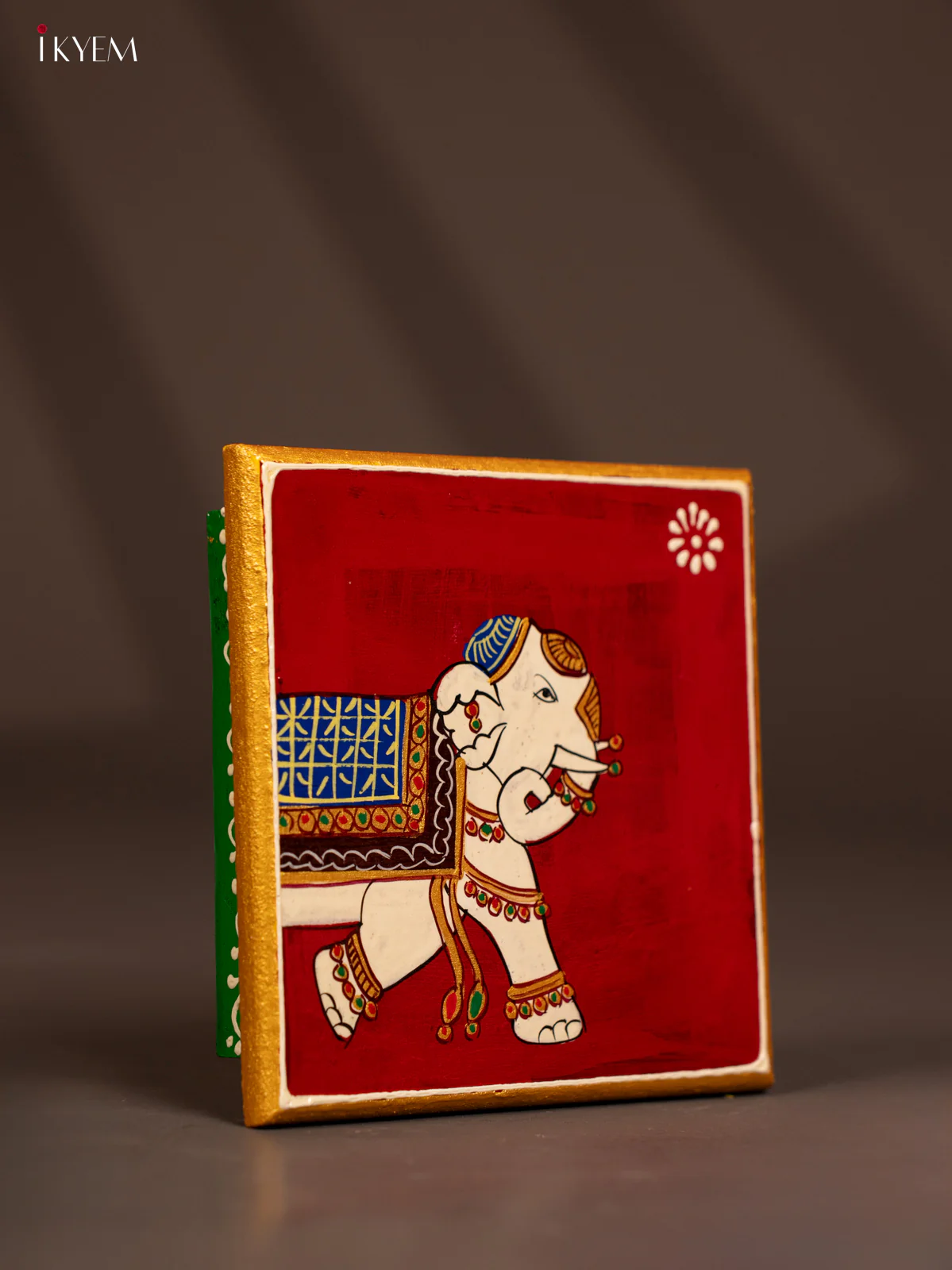 Traditional Maroon Wooden Manai with Hand-Painted Elephant - (6x6) - KF30147