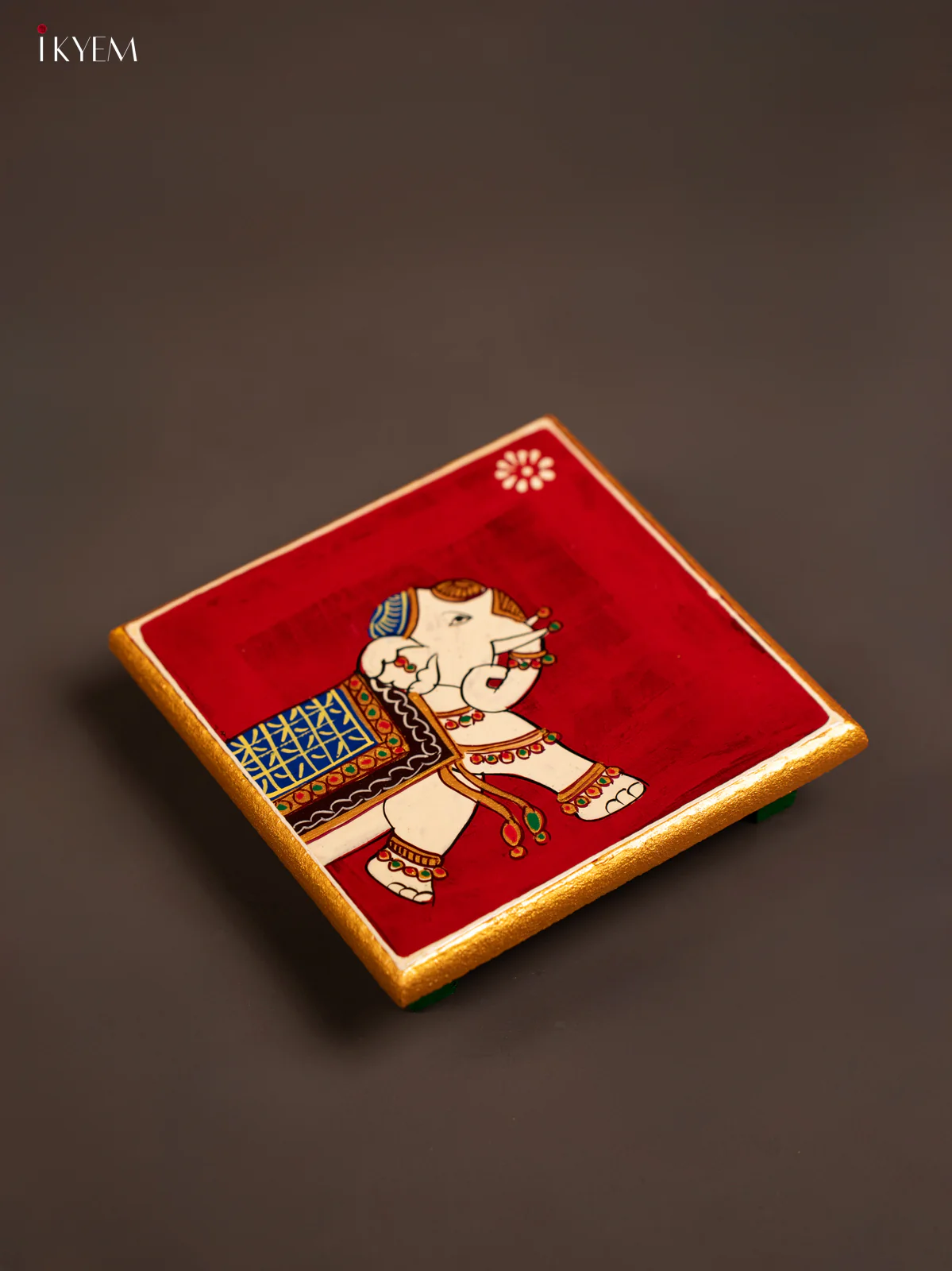 Traditional Maroon Wooden Manai with Hand-Painted Elephant - (6x6) - KF30147 - Image 3