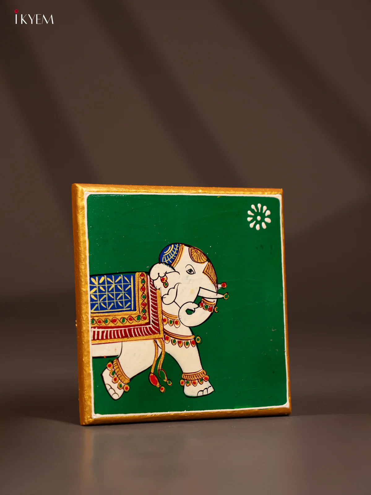 Elephant Hand-Painted Wooden Chowki - Green -(6×6) Inch - KF30149 - Image 2