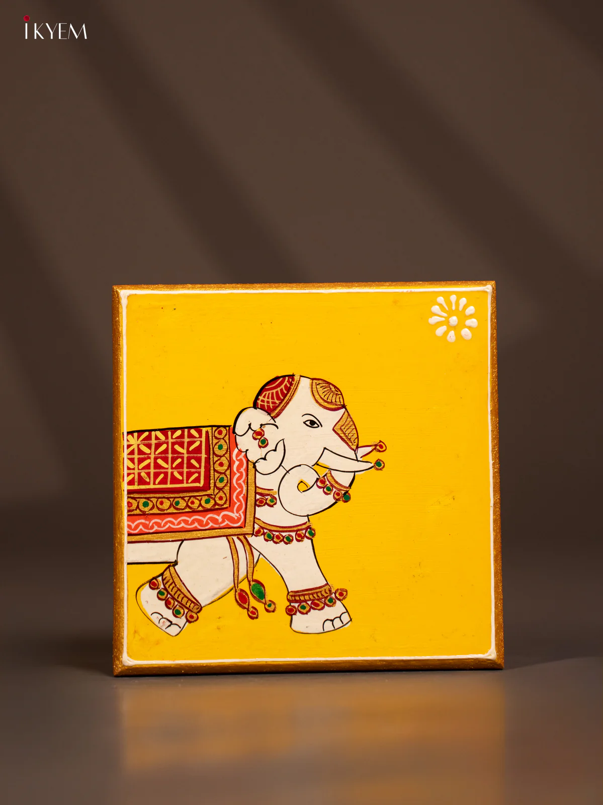 Traditional Yellow Wooden Manai with Hand-Painted Elephant - (6x6) - KF30150