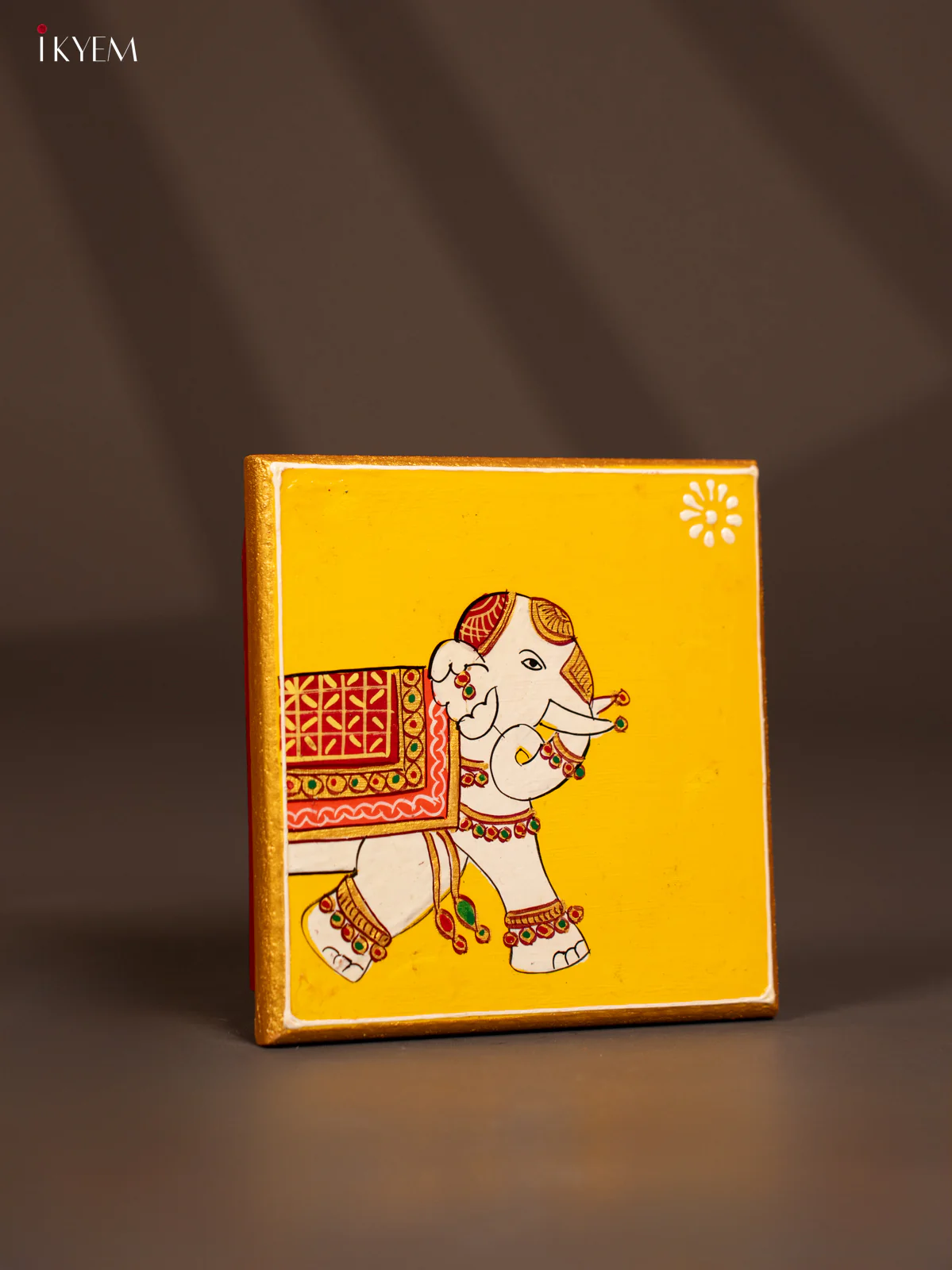 Traditional Yellow Wooden Manai with Hand-Painted Elephant - (6x6) - KF30150 - Image 2