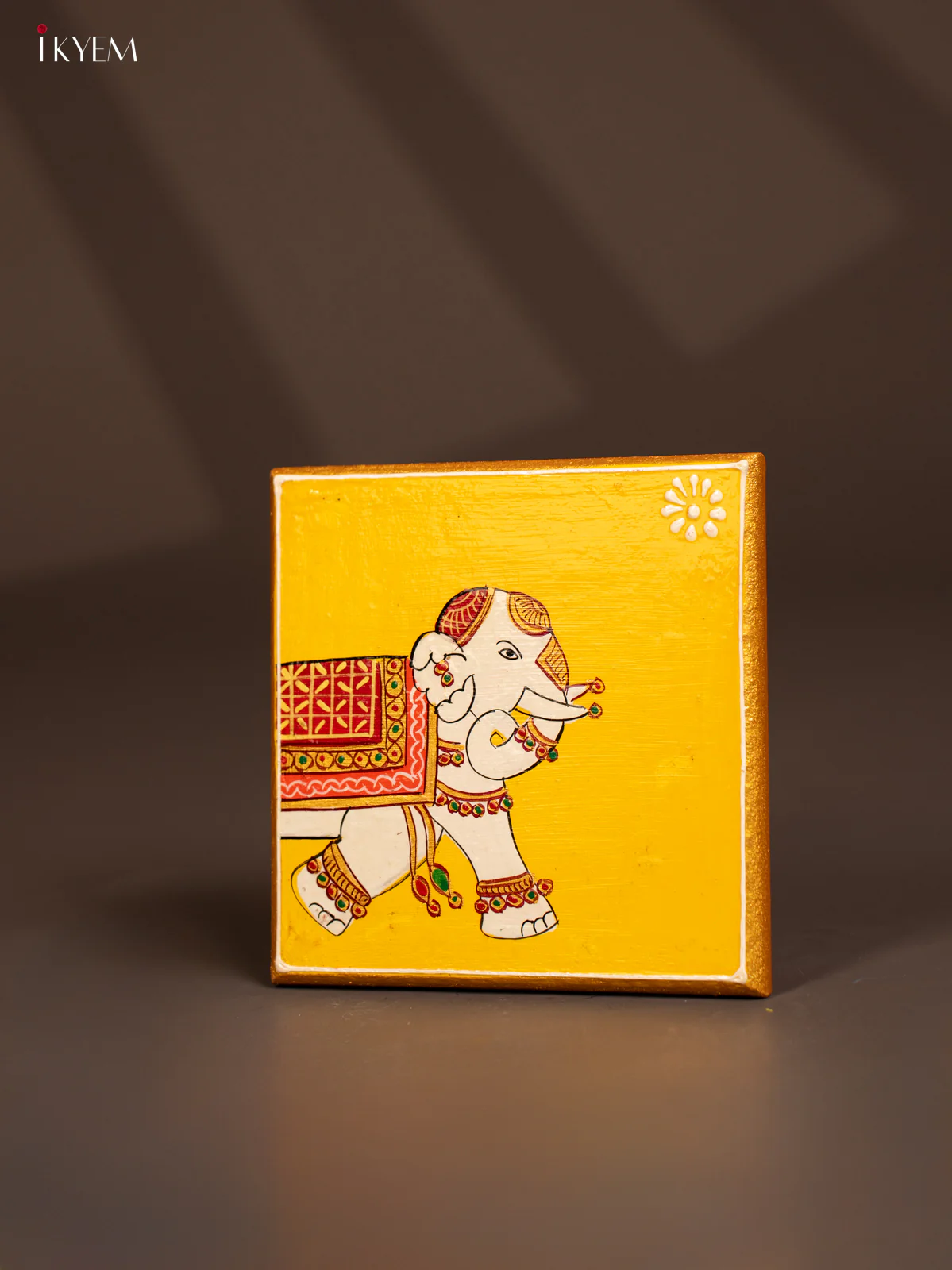 Traditional Yellow Wooden Manai with Hand-Painted Elephant - (6x6) - KF30150 - Image 3