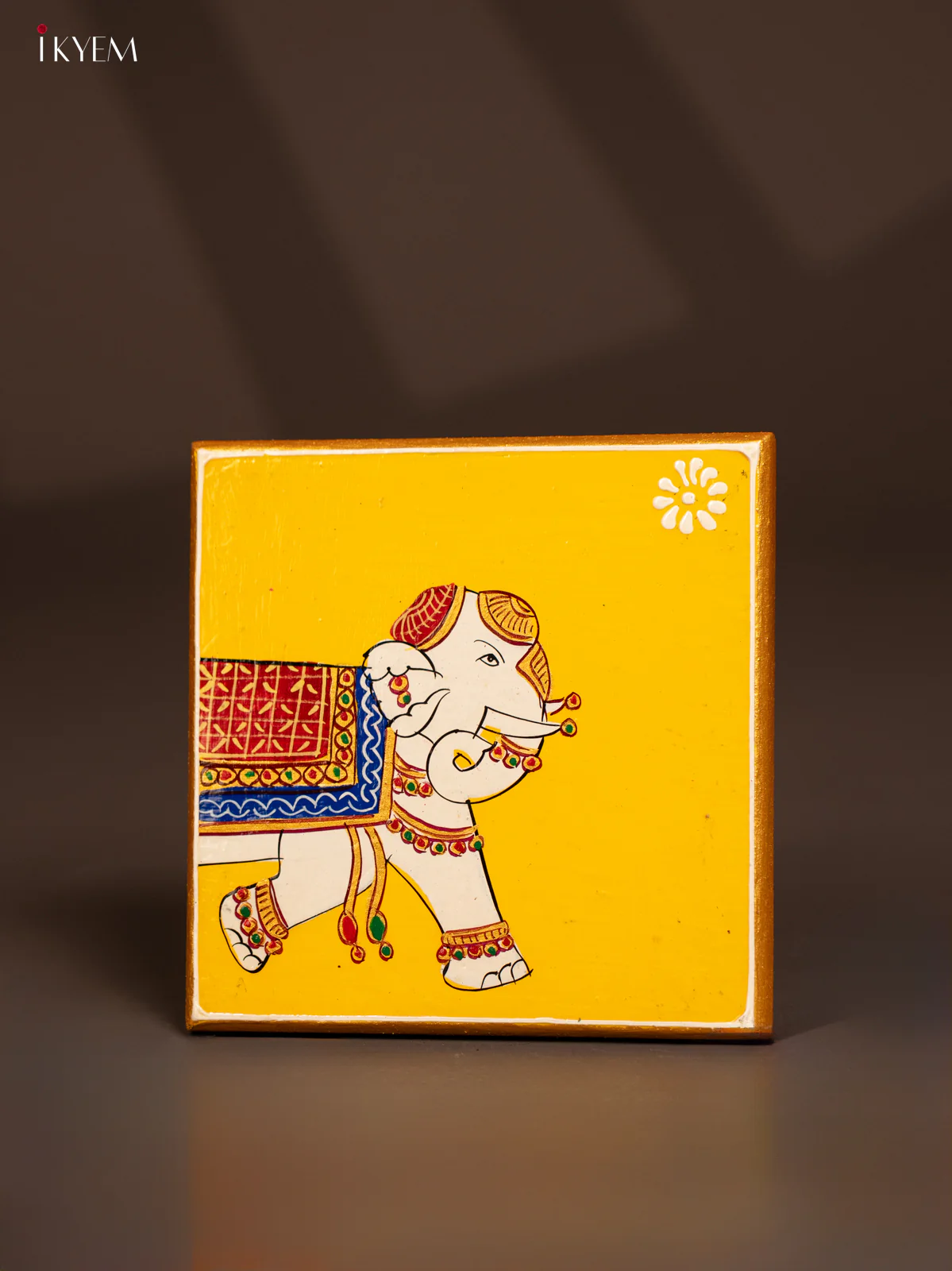 Traditional Yellow Wooden Manai with Hand-Painted Elephant - (6x6) - KF30151 - Image 3