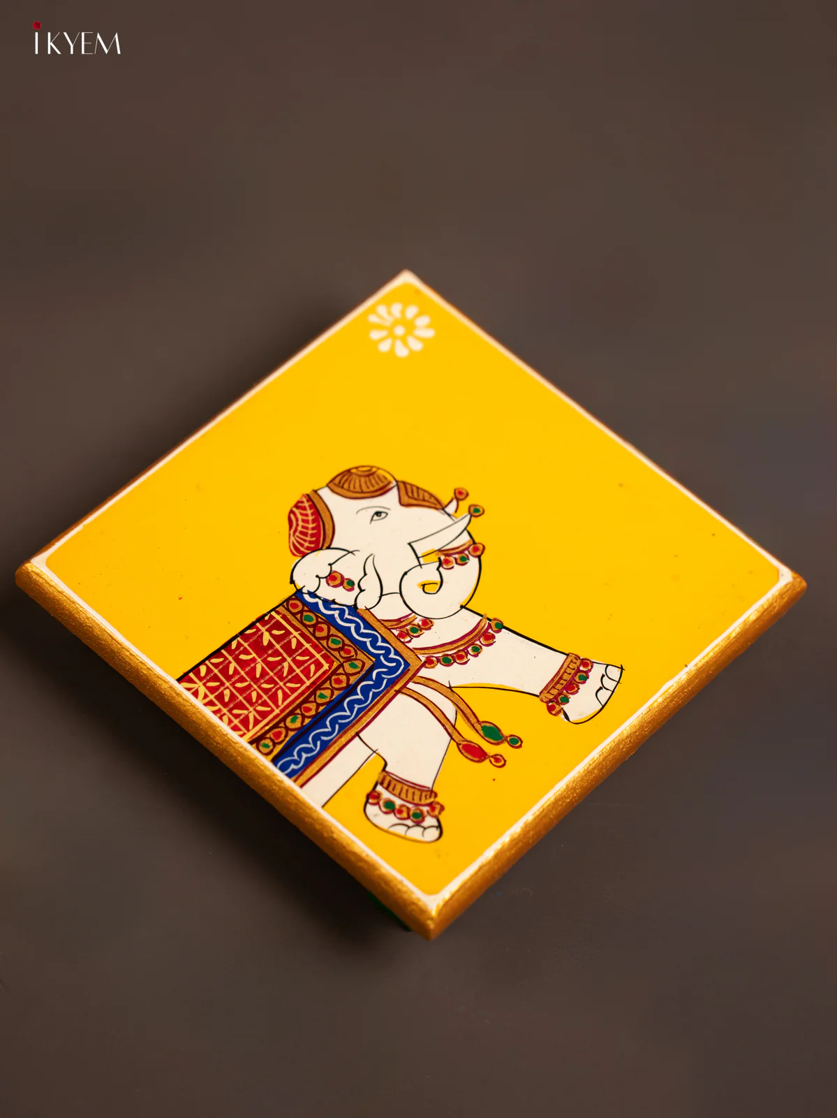 Traditional Yellow Wooden Manai with Hand-Painted Elephant - (6x6) - KF30151 - Image 4