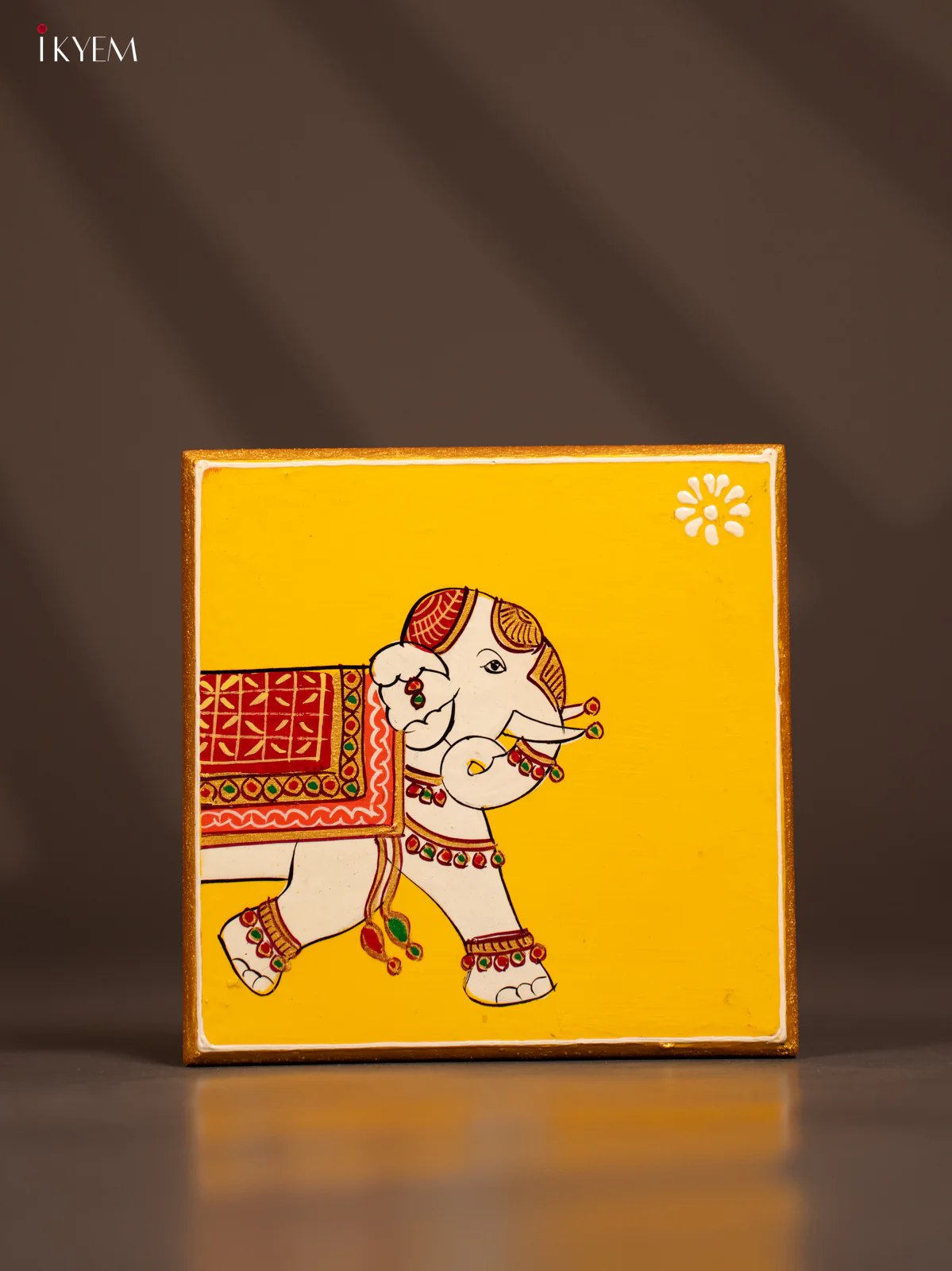 Traditional Yellow Wooden Manai with Hand-Painted Elephant - (6x6) - KF30152