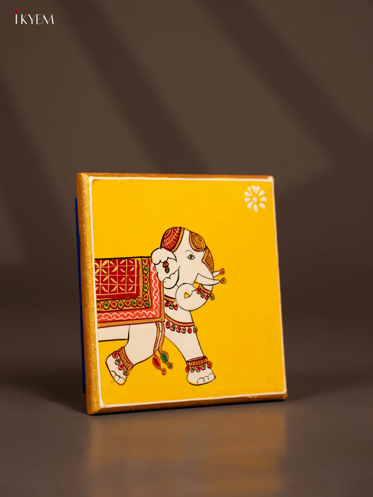 Traditional Yellow Wooden Manai with Hand-Painted Elephant - (6x6) - KF30152 - Image 2