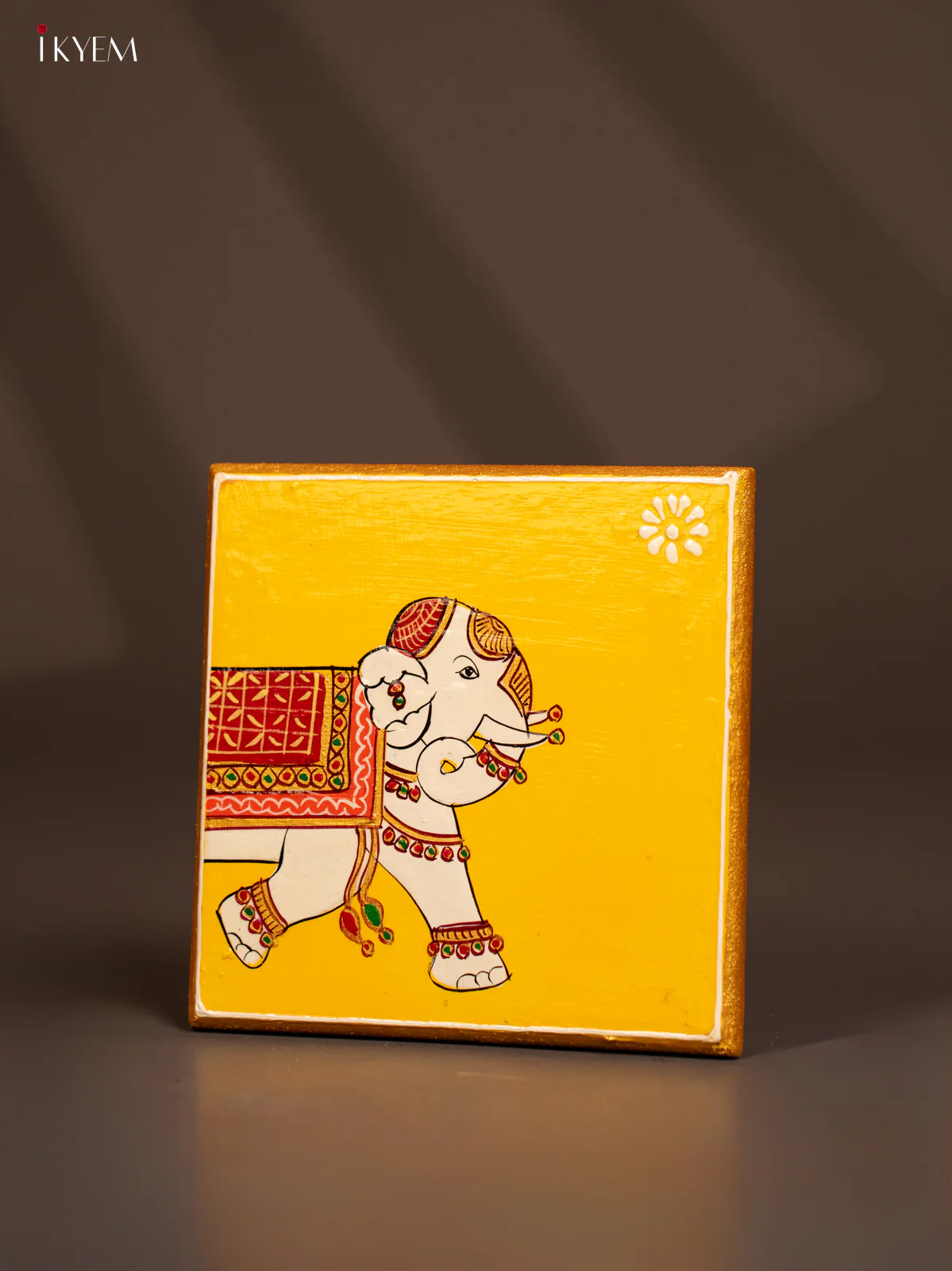Traditional Yellow Wooden Manai with Hand-Painted Elephant - (6x6) - KF30152 - Image 3