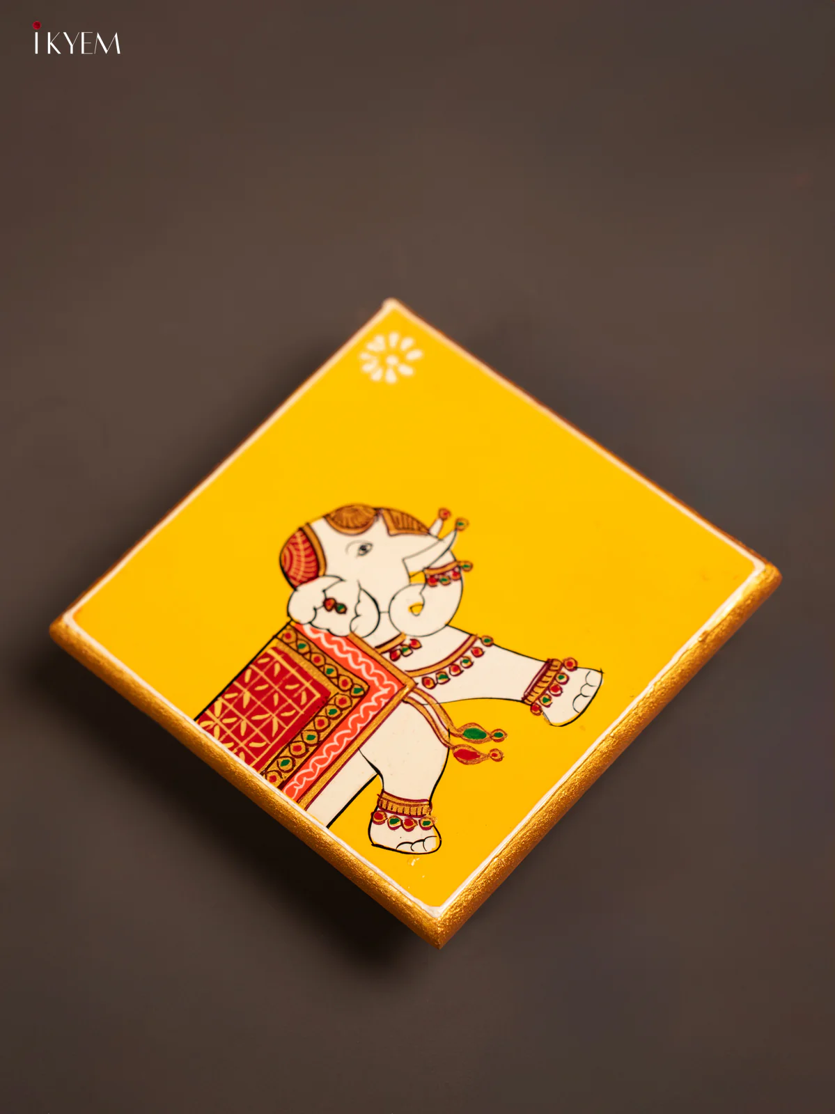 Traditional Yellow Wooden Manai with Hand-Painted Elephant - (6x6) - KF30152 - Image 4