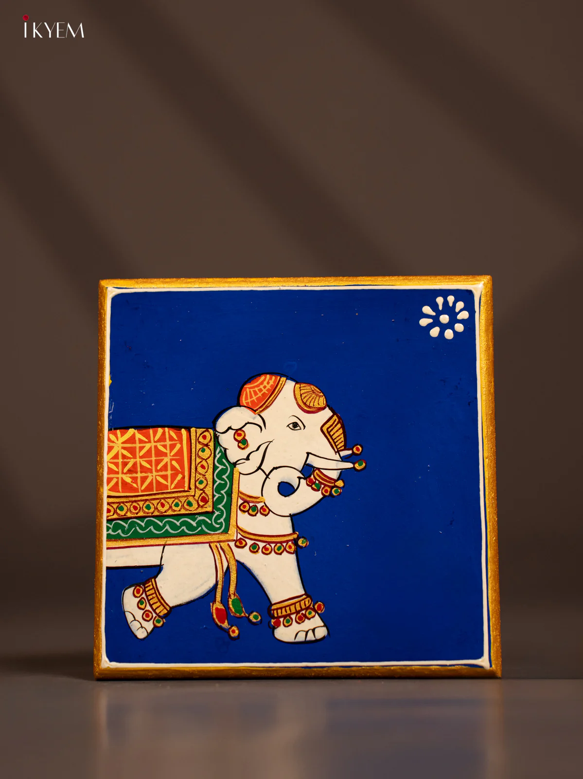 Traditional Blue Wooden Manai with Hand-Painted Elephant - (6x6) - KF30153