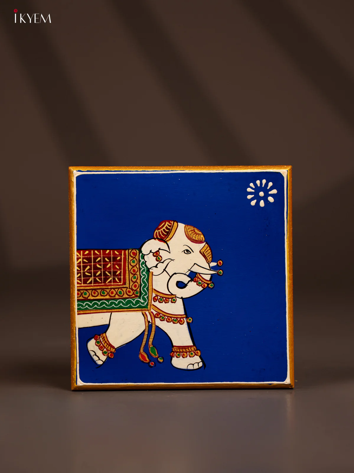 Traditional Blue Wooden Manai with Hand-Painted Elephant - (6x6) - KF30154