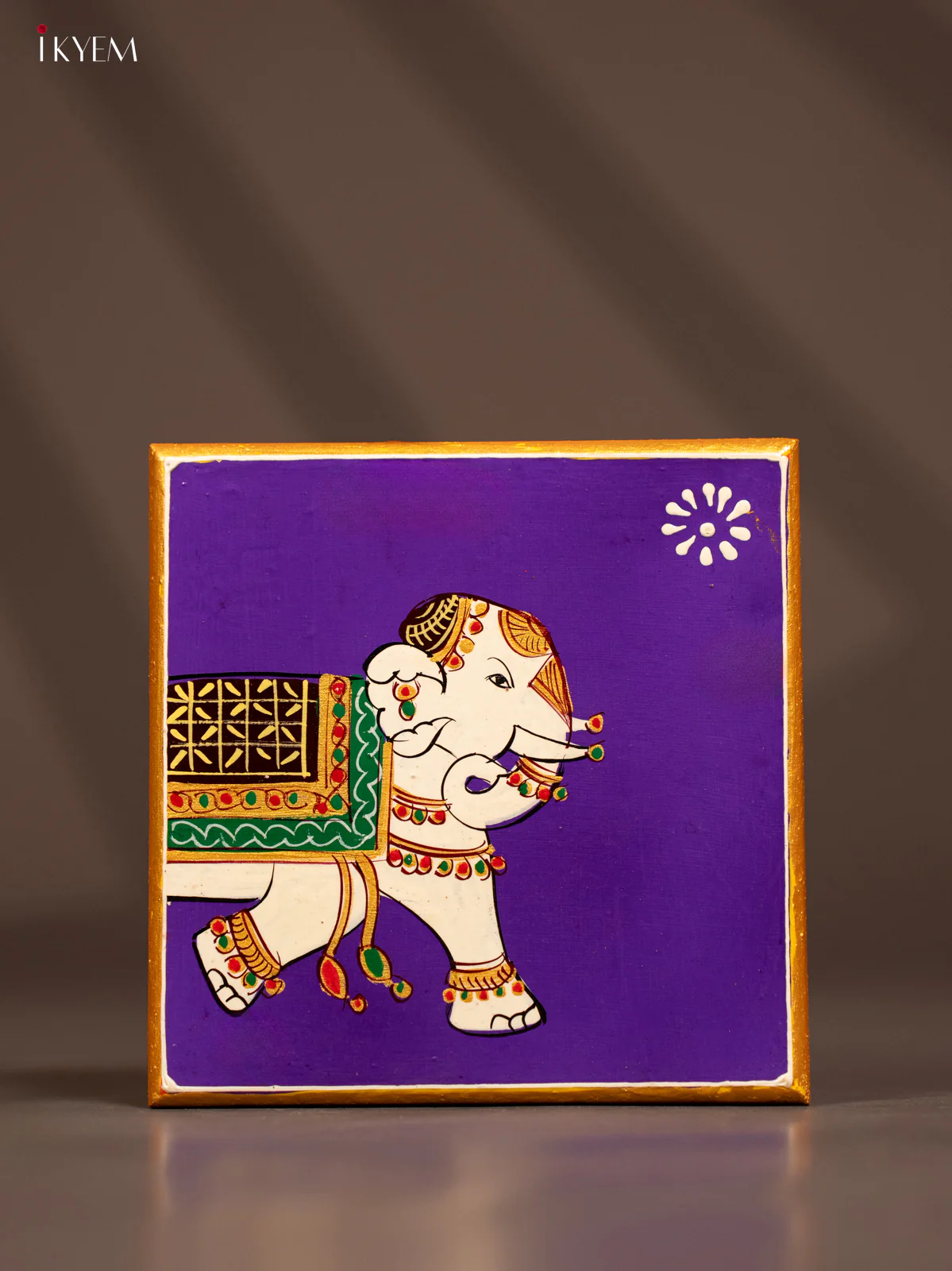 Traditional Violet Wooden Manai with Hand-Painted Elephant - (6x6) - KF30155