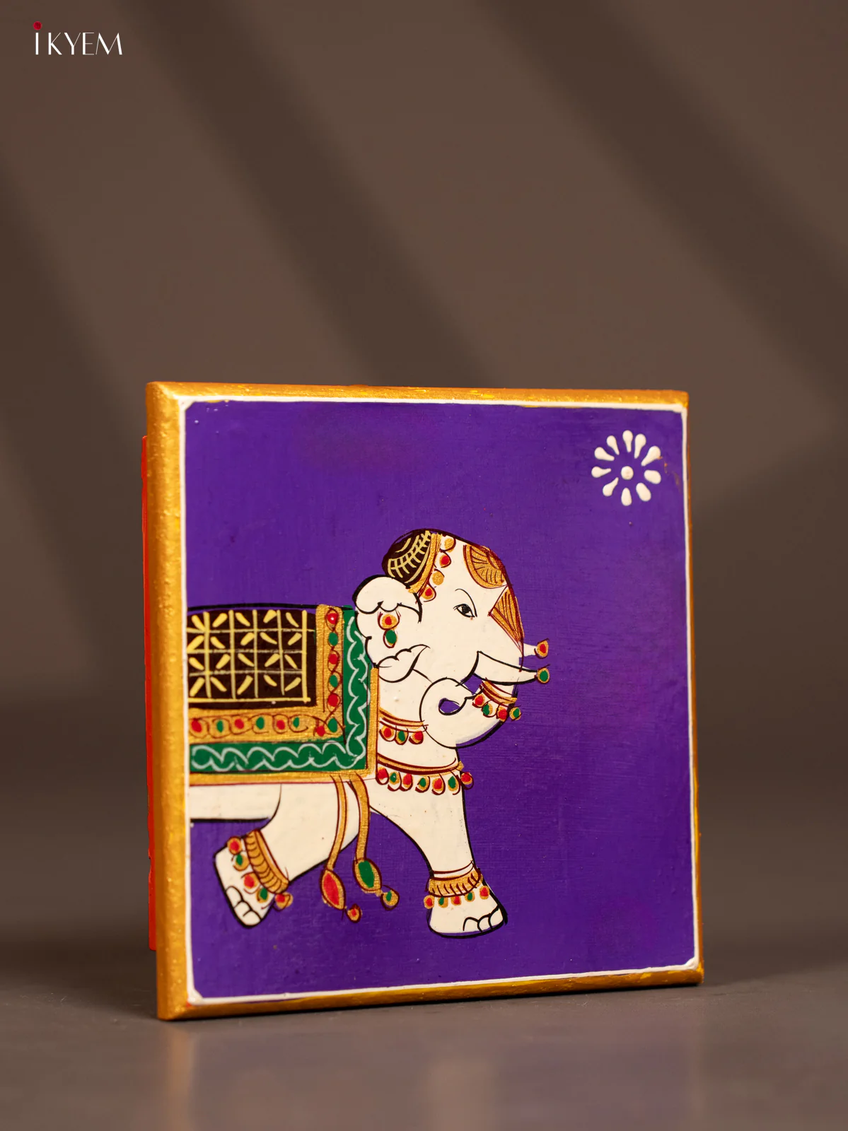 Traditional Violet Wooden Manai with Hand-Painted Elephant - (6x6) - KF30155 - Image 2