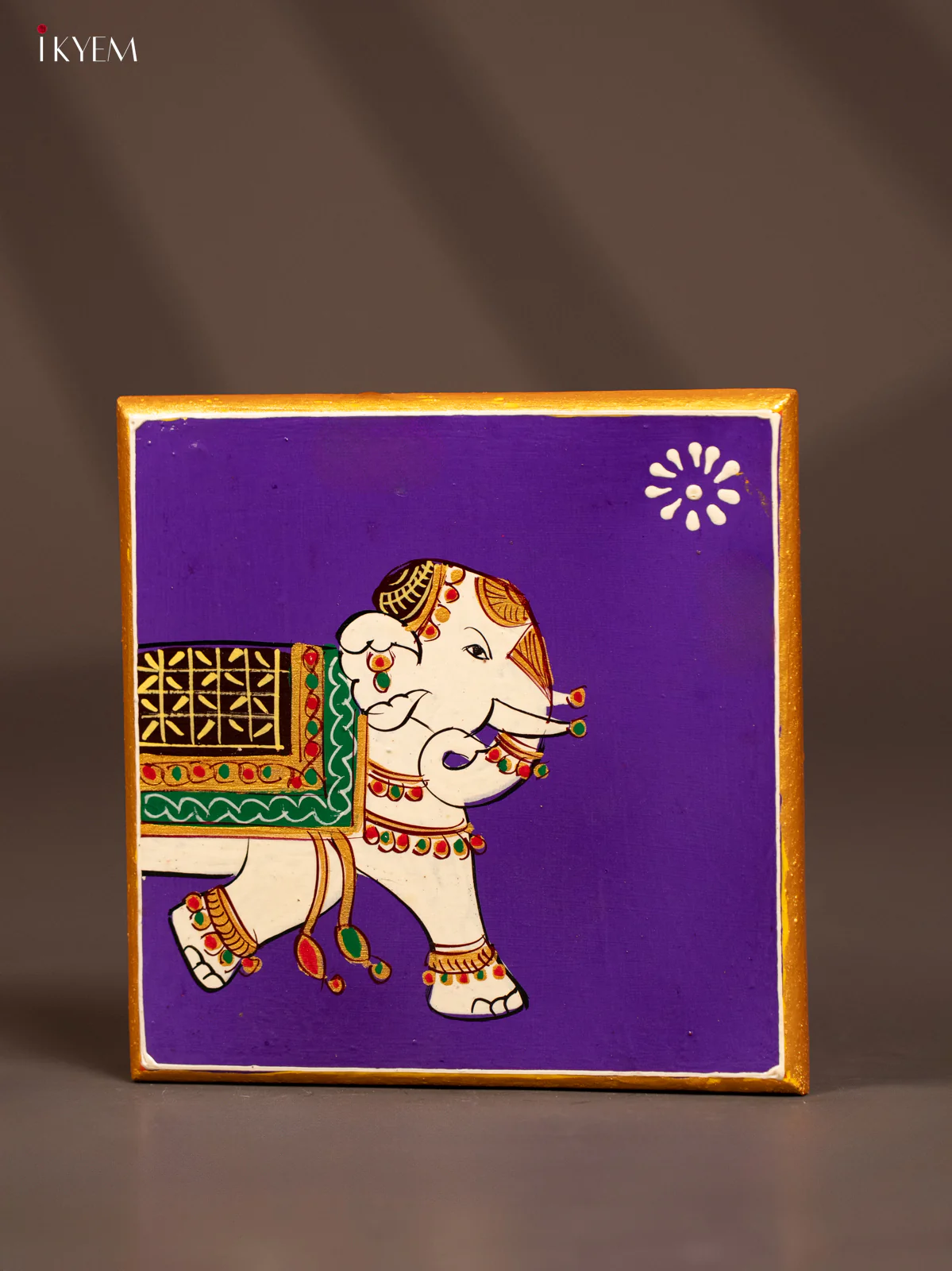 Traditional Violet Wooden Manai with Hand-Painted Elephant - (6x6) - KF30155 - Image 3