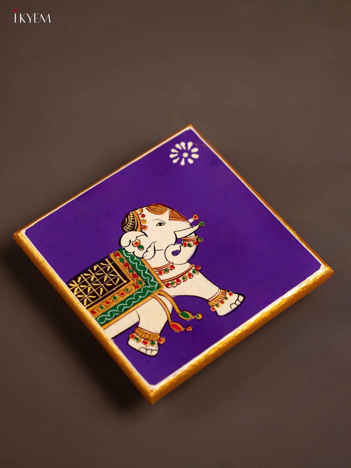Traditional Violet Wooden Manai with Hand-Painted Elephant - (6x6) - KF30155 - Image 4