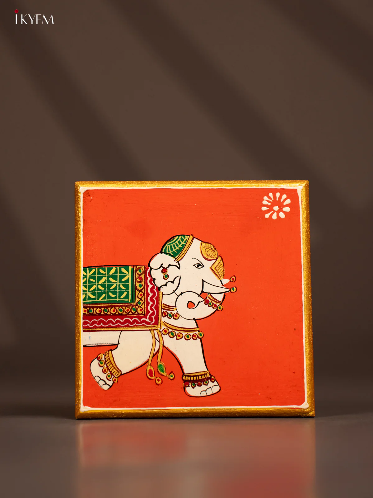 Elephant Hand-Painted Wooden Chowki - Orange -(6×6) Inches - KF30156
