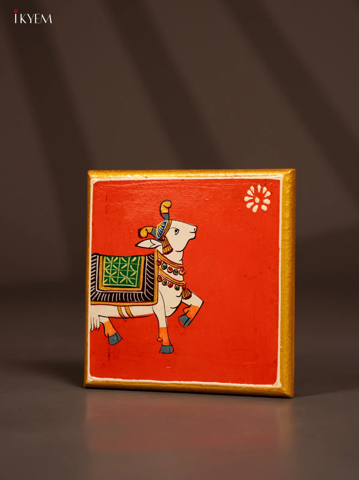 Traditional Orange Wooden Manai with Hand-Painted Cow - (6x6) - KF30157 - Image 3