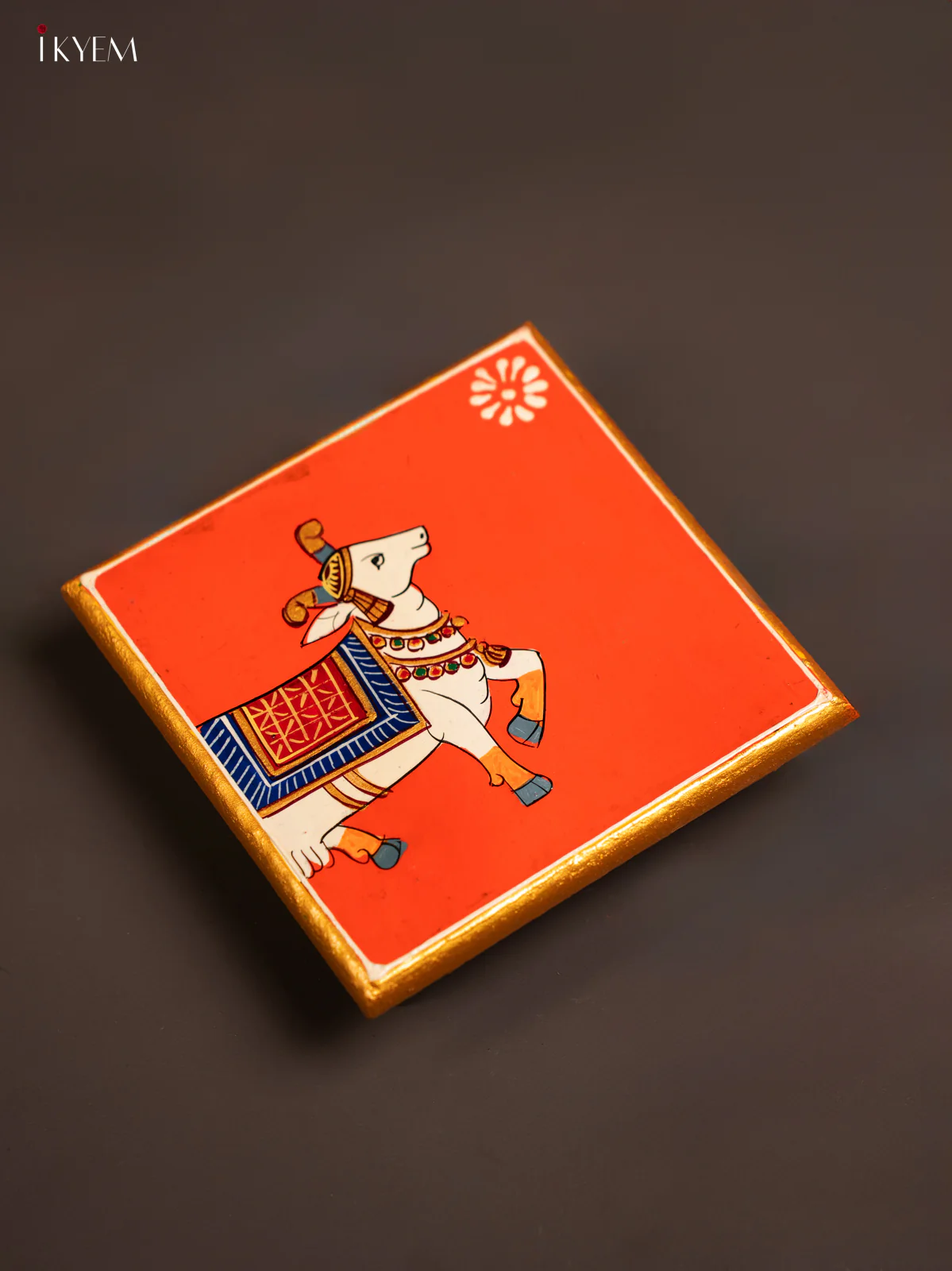 Traditional Orange Wooden Manai with Hand-Painted Cow - (6x6) - KF30158 - Image 4