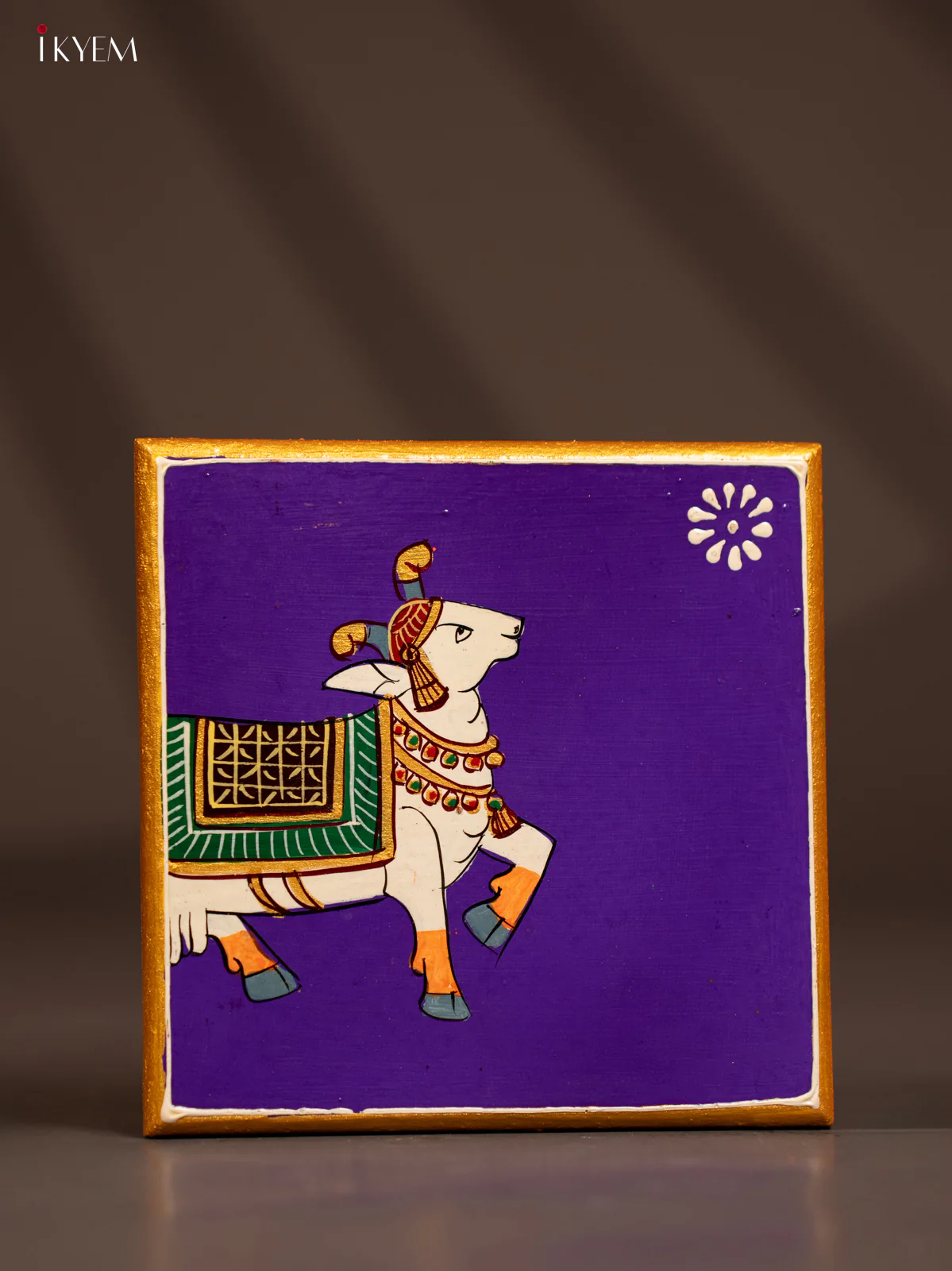 Cow Hand-Painted Wooden Chowki - Voilet -(6×6) Inches - KF30161