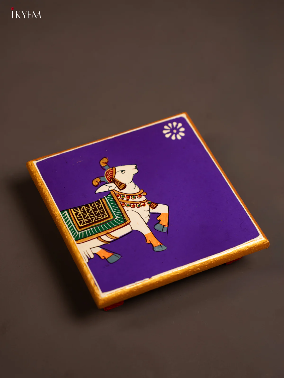 Cow Hand-Painted Wooden Chowki - Voilet -(6×6) Inches - KF30161 - Image 4
