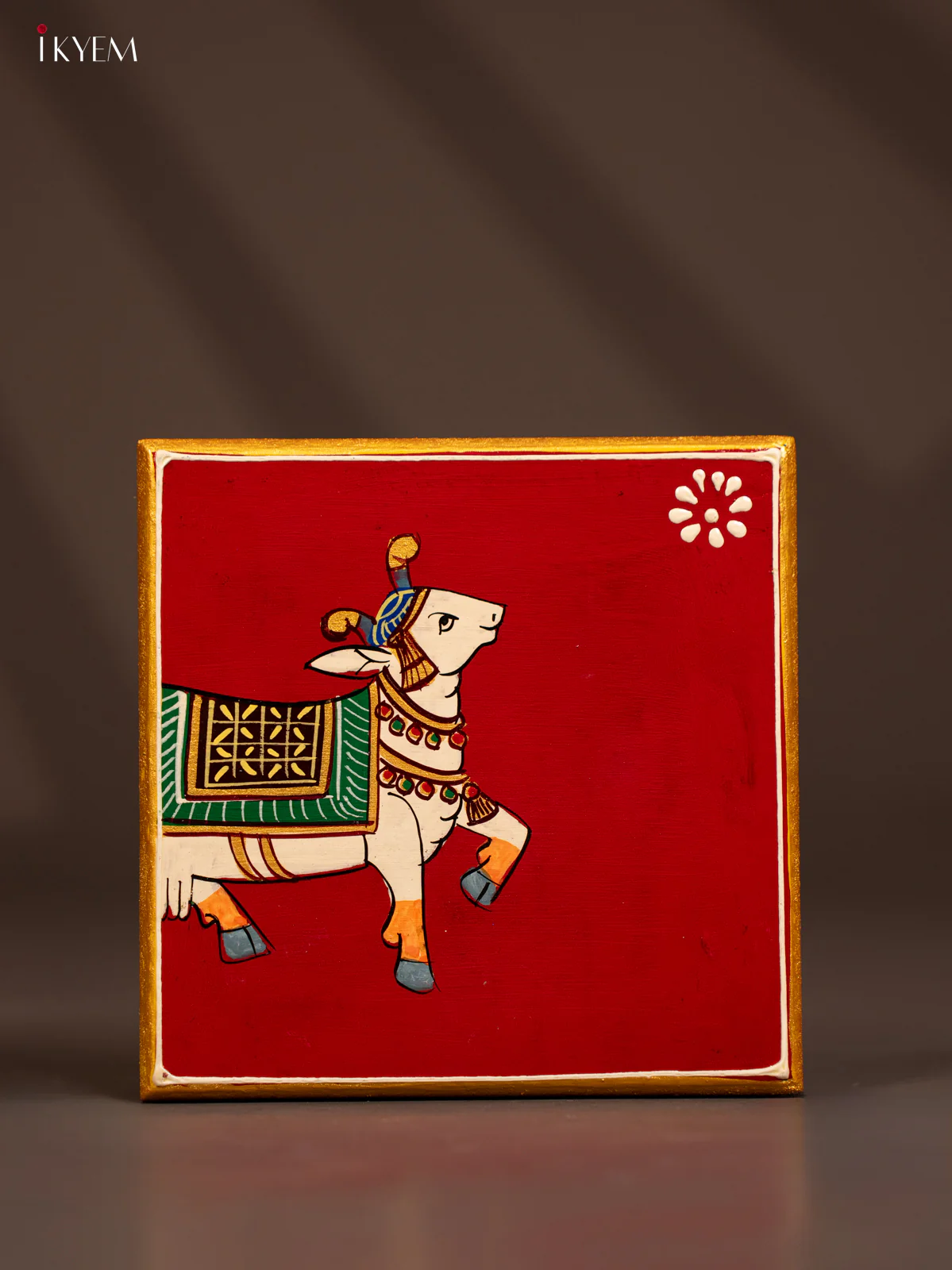 Traditional Maroon Wooden Manai with Hand-Painted Cow - (6x6) - KF30162