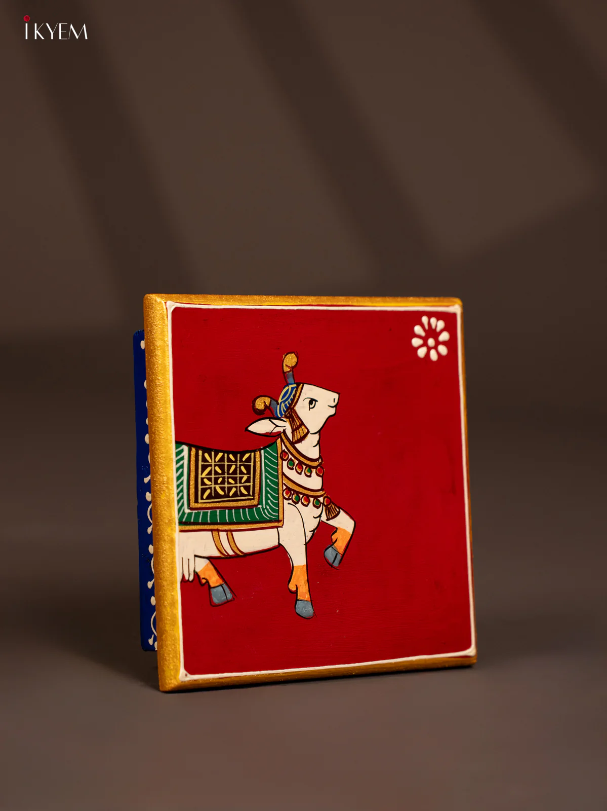 Traditional Maroon Wooden Manai with Hand-Painted Cow - (6x6) - KF30162 - Image 2