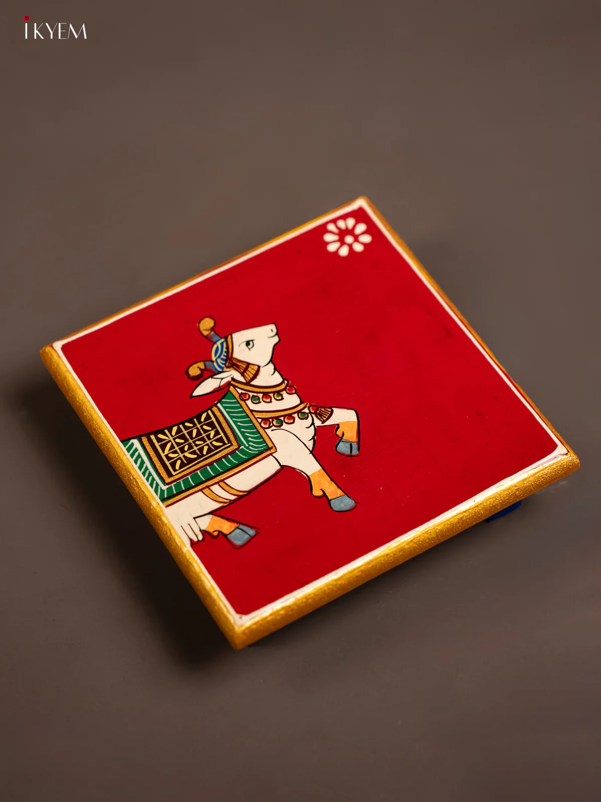 Traditional Maroon Wooden Manai with Hand-Painted Cow - (6x6) - KF30162 - Image 4