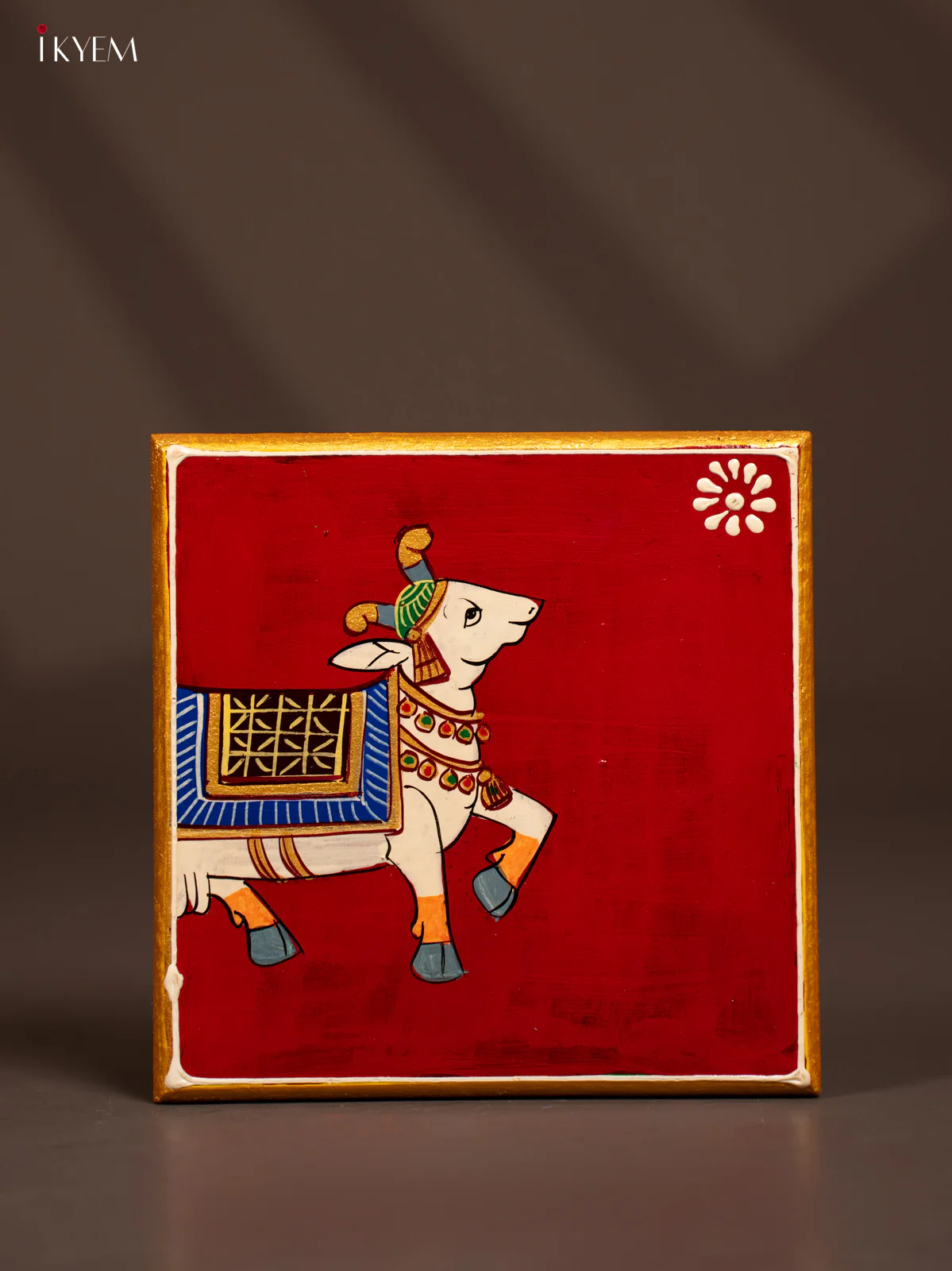 Traditional Maroon Wooden Manai with Hand-Painted Cow - (6x6) - KF30163
