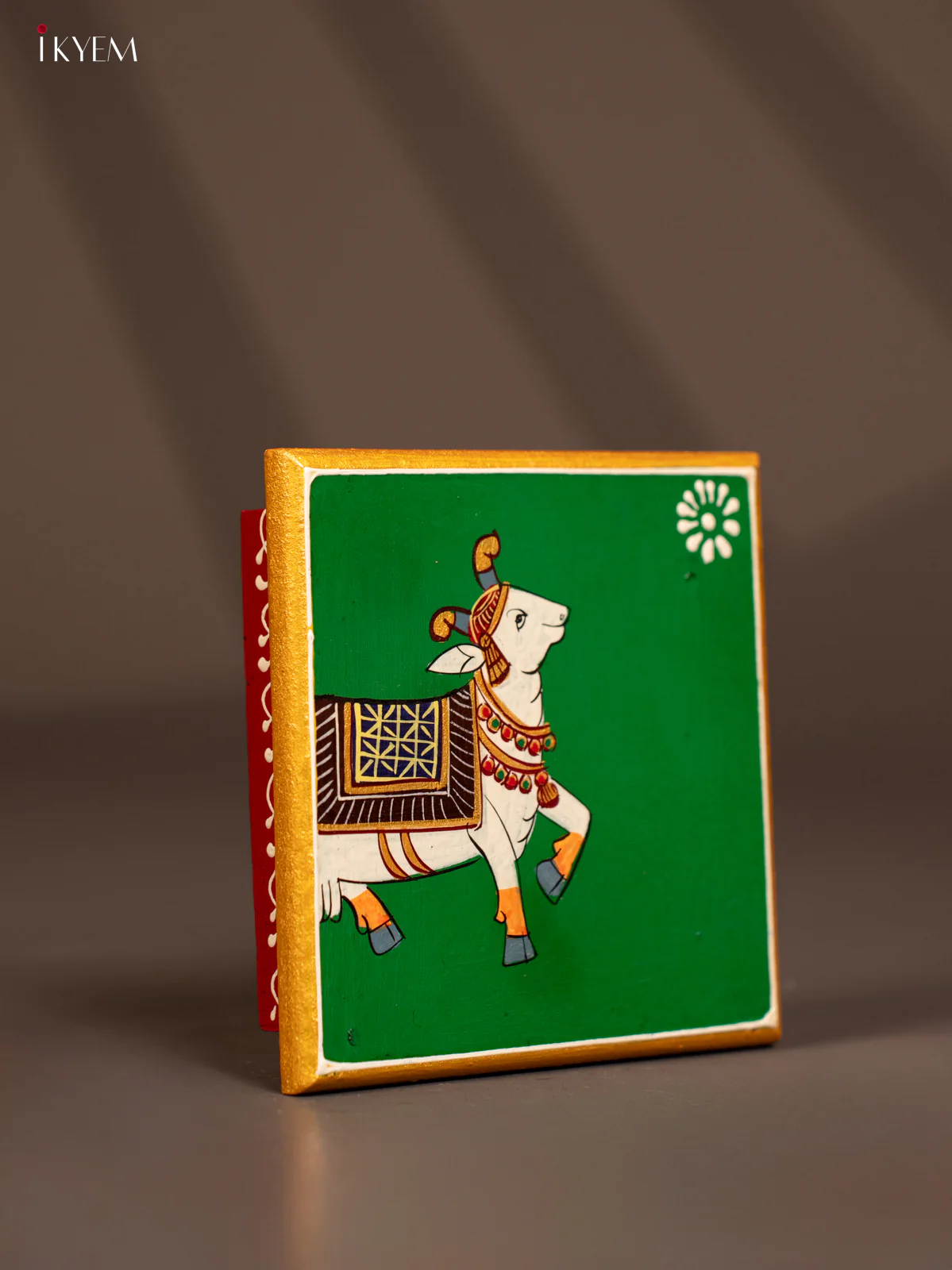 Traditional Green Wooden Manai with Hand-Painted Cow - (6x6) - KF30164 - Image 2