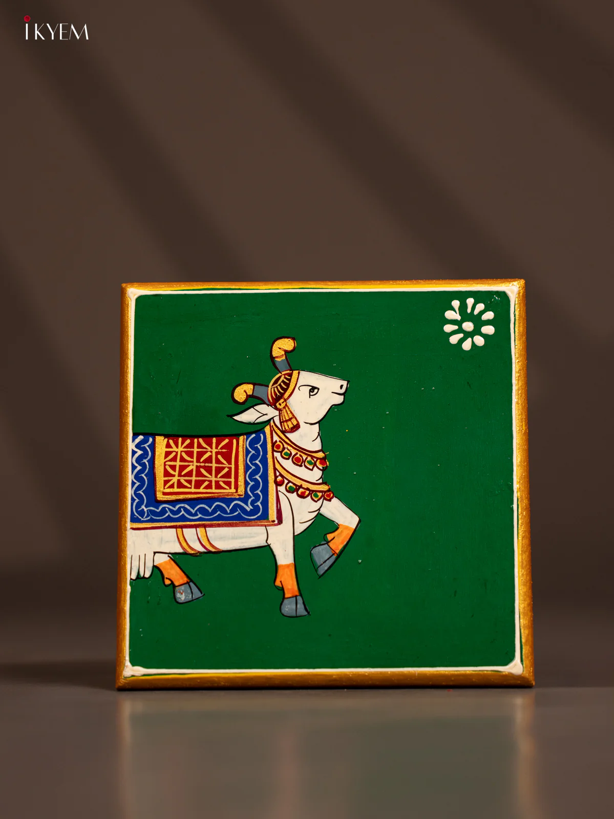 Traditional Green Wooden Manai with Hand-Painted Cow - (6x6) - KF30165