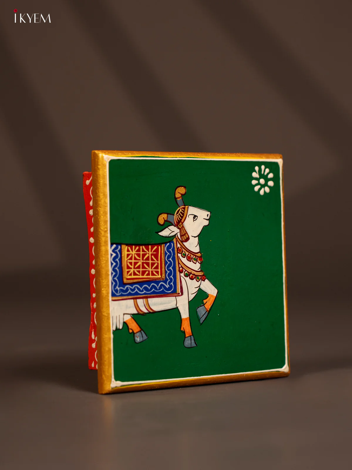 Traditional Green Wooden Manai with Hand-Painted Cow - (6x6) - KF30165 - Image 2