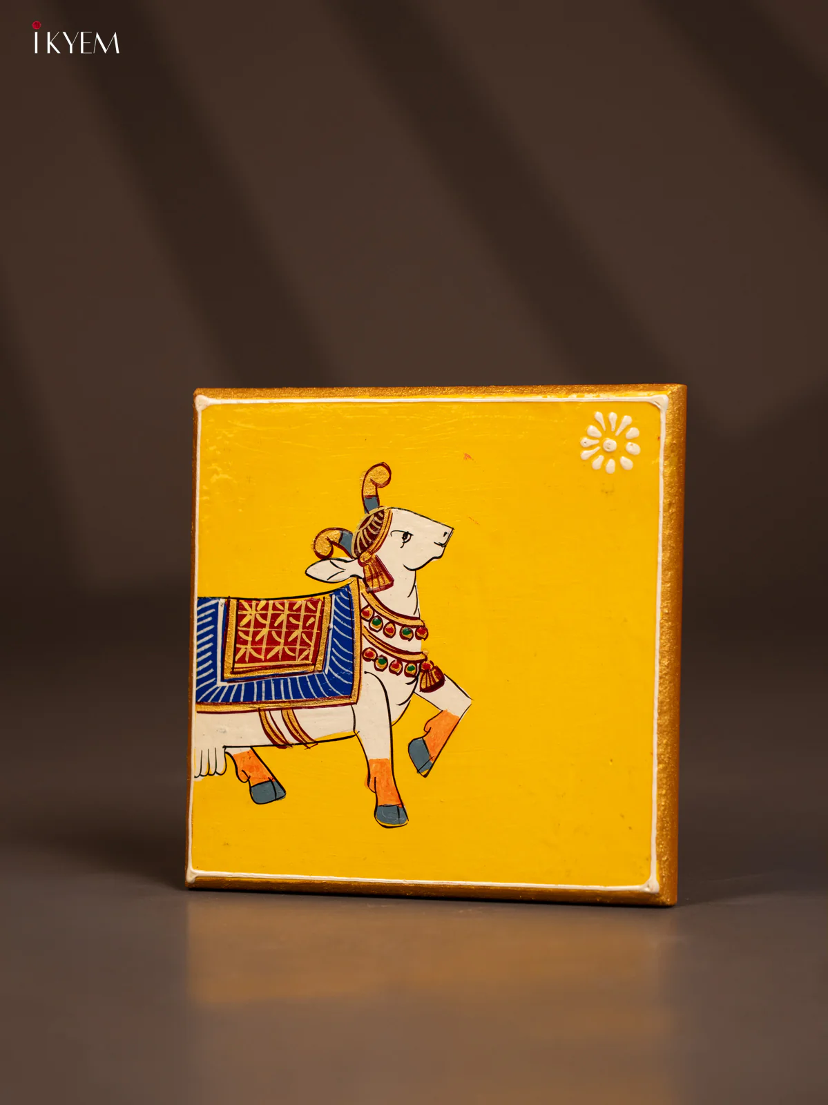 Traditional Yellow Wooden Manai with Hand-Painted Cow - (6x6) - KF30166 - Image 3