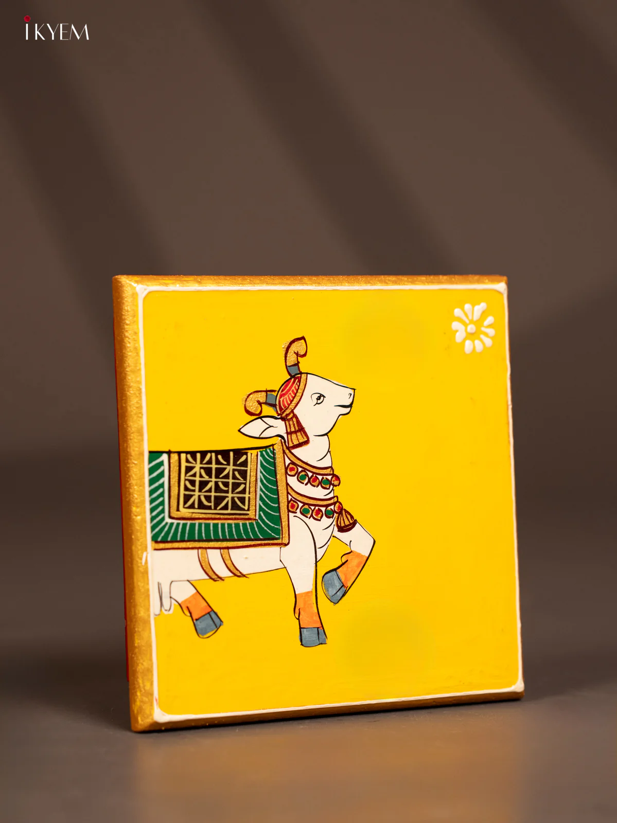 Traditional Yellow Wooden Manai with Hand-Painted Cow - (6x6) - KF30167 - Image 2