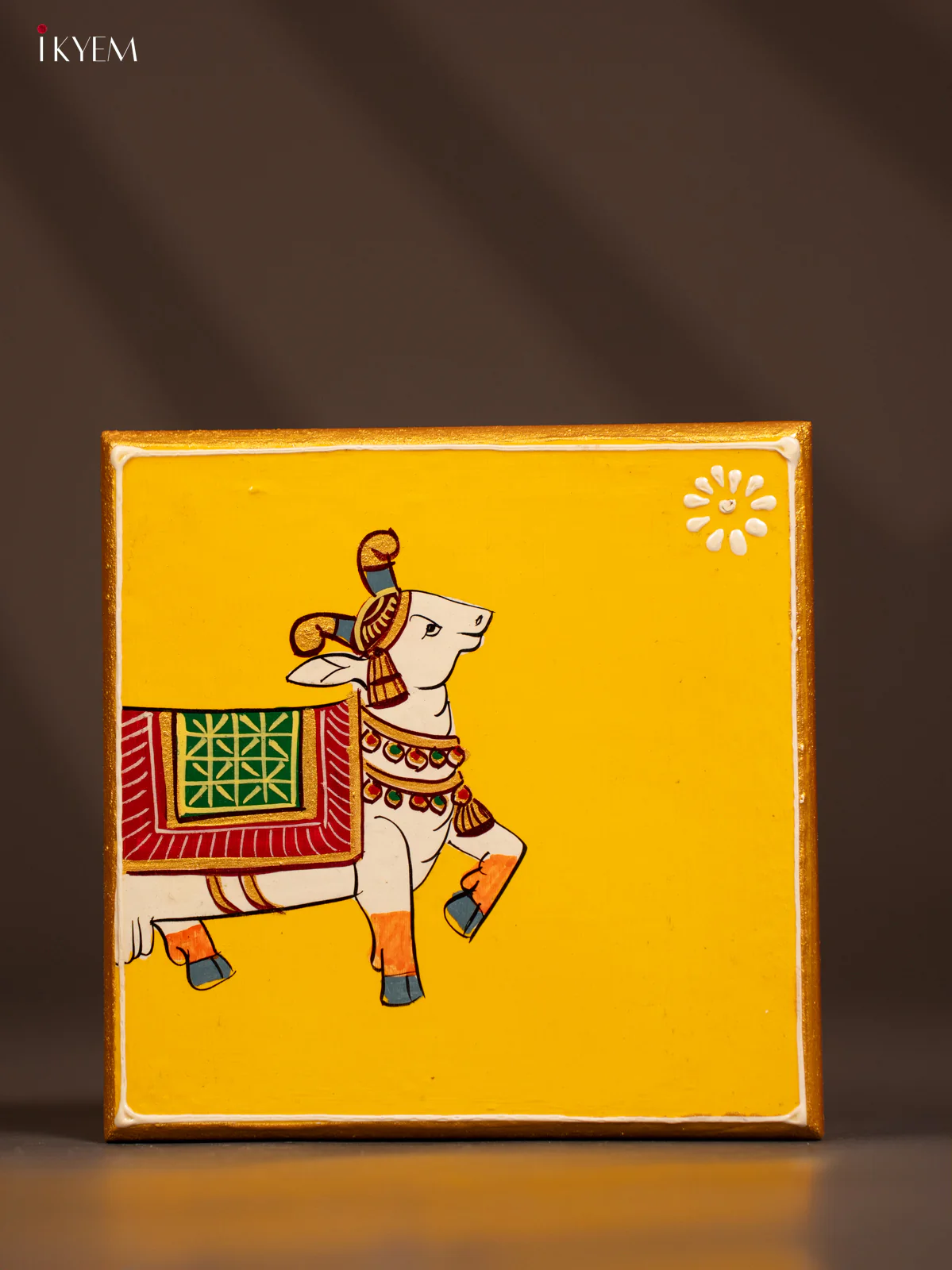 Traditional Yellow Wooden Manai with Hand-Painted Cow - (6x6) - KF30168