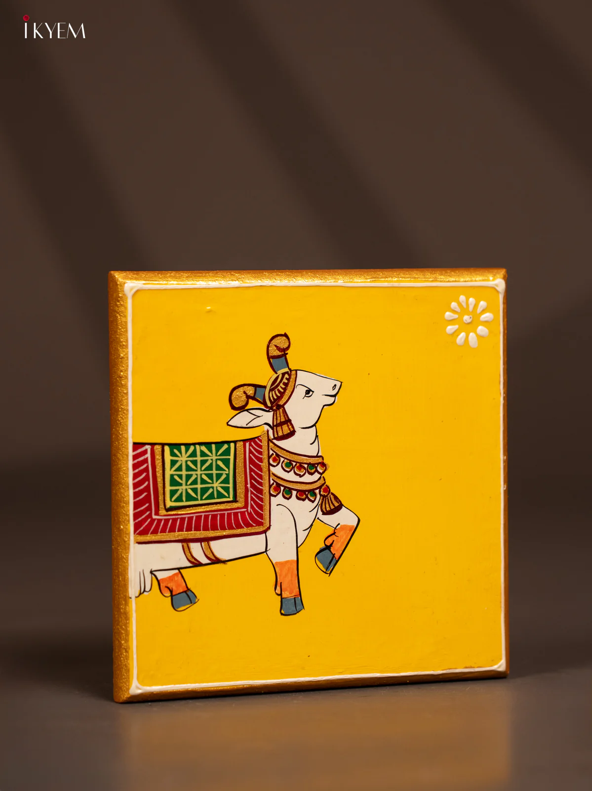 Traditional Yellow Wooden Manai with Hand-Painted Cow - (6x6) - KF30168 - Image 2